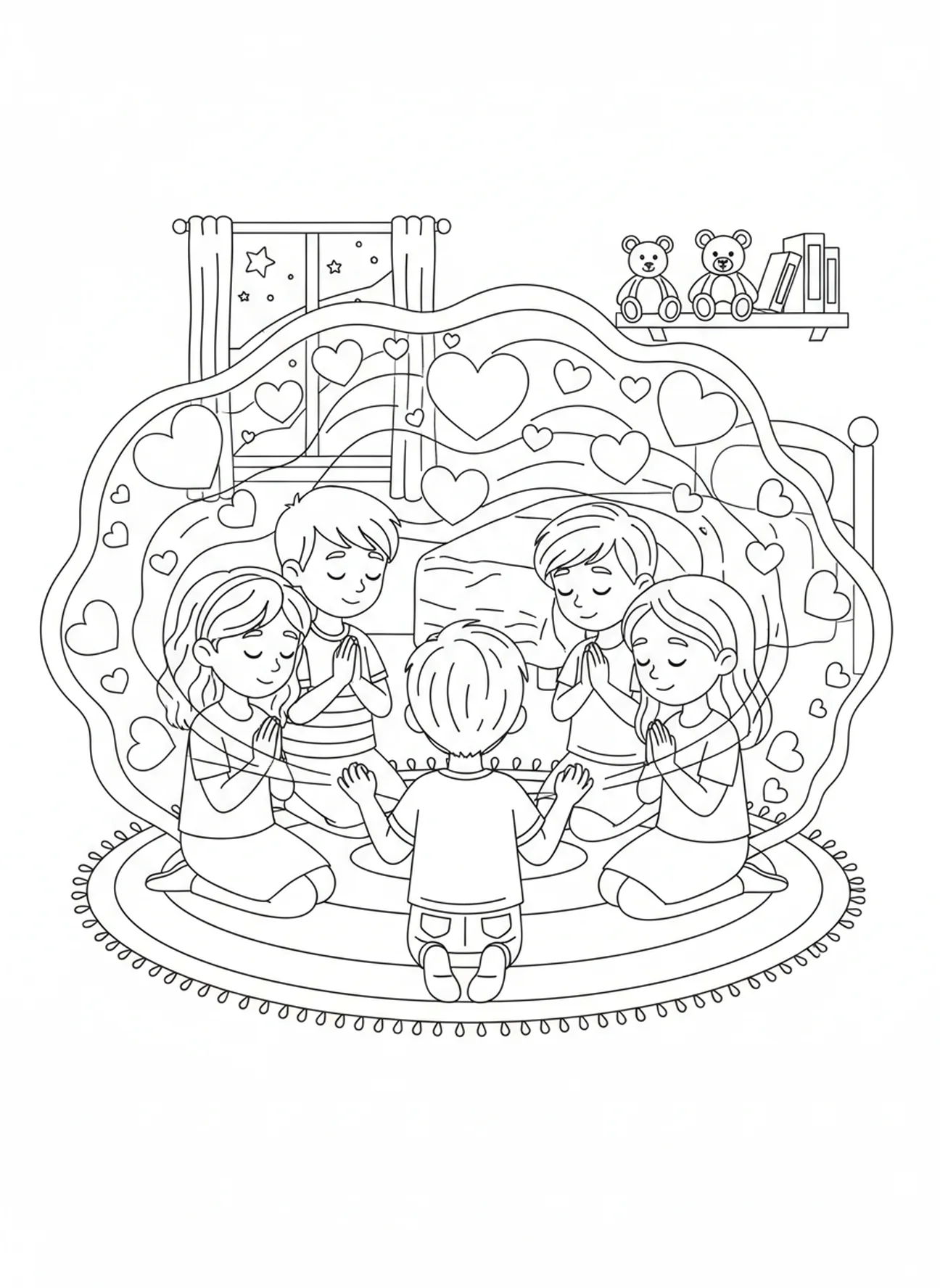 Enfants priant ensemble, page à colorier sur l'amour de la semaine de l'Avent pour les enfants de 5 à 10 ans.
