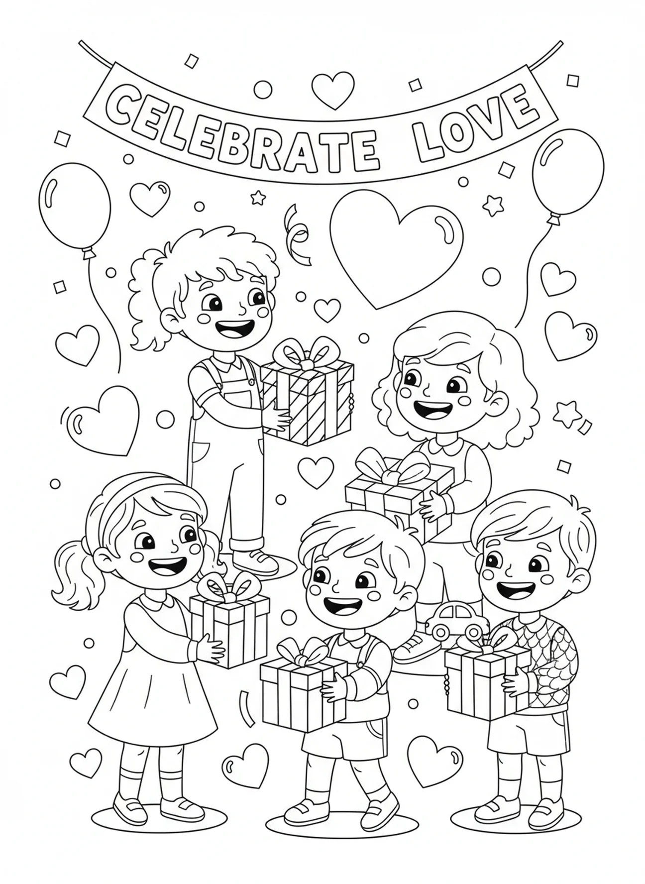 Enfants partageant des cadeaux, page à colorier sur l'amour de la semaine de l'Avent pour les enfants de 5 à 10 ans.