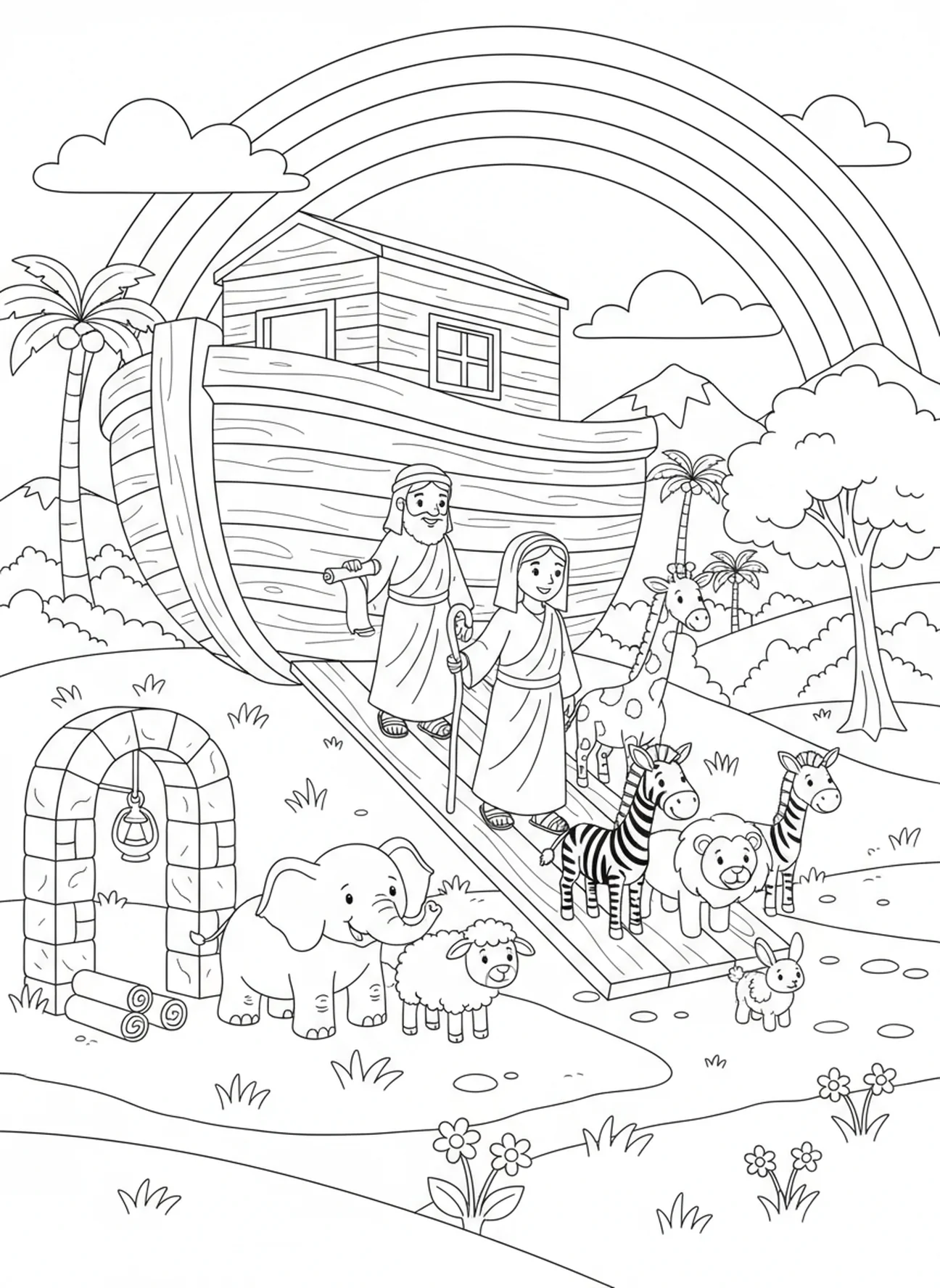 Noé et les animaux descendant de l'arche sur la terre ferme, page à colorier de la semaine de l'Avent sur l'amour pour les enfants de l'École du dimanche âgés de 5 à 12 ans