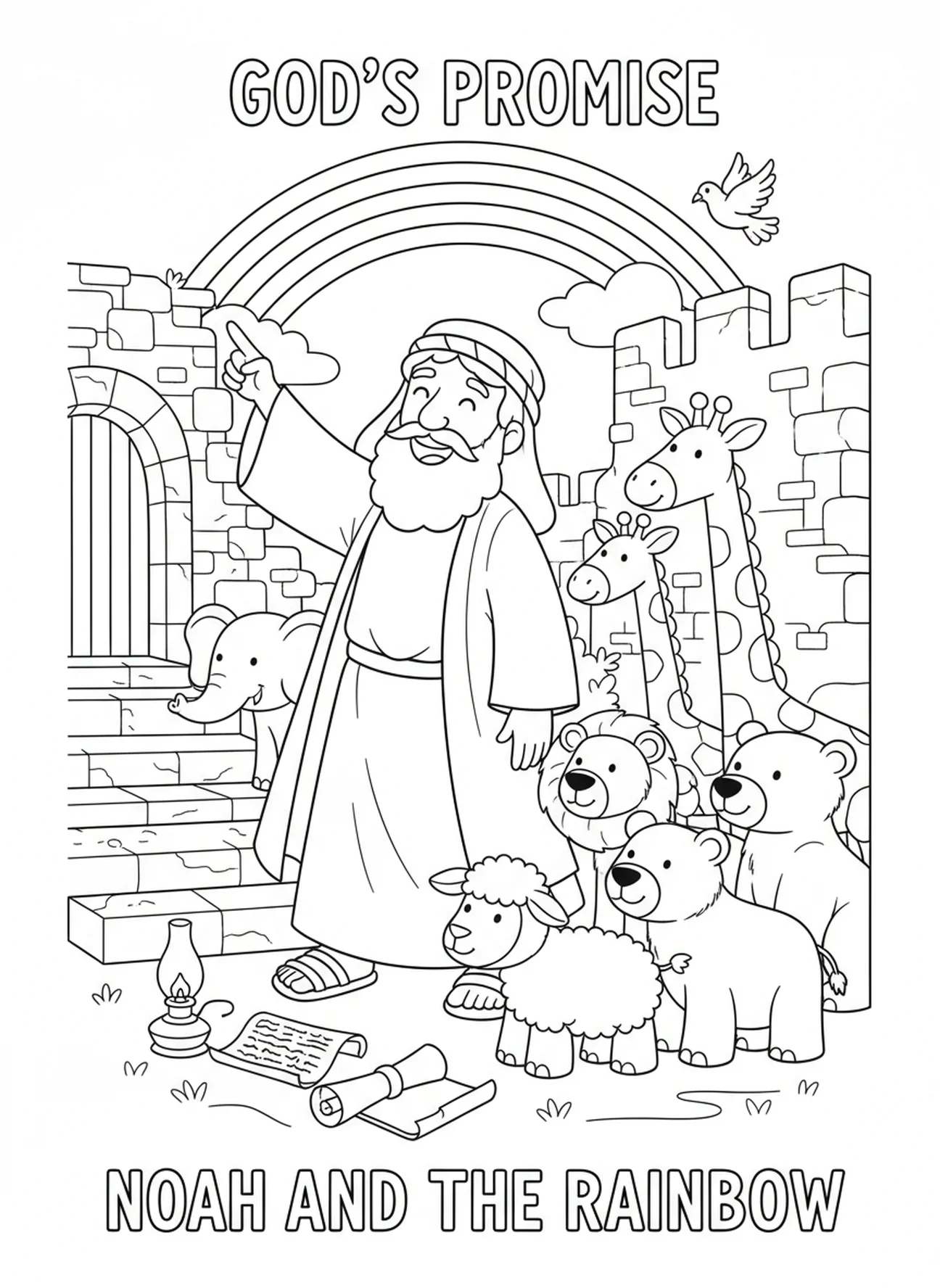 Noé montrant la promesse de l'arc-en-ciel, page à colorier de la semaine de l'Avent Amour pour les enfants de l'École du dimanche âgés de 5 à 12 ans