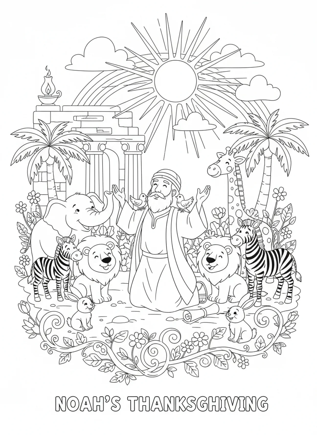 Noé remerciant avec des animaux, page à colorier de la semaine de l'Avent Amour pour les enfants de l'École du dimanche âgés de 5 à 12 ans