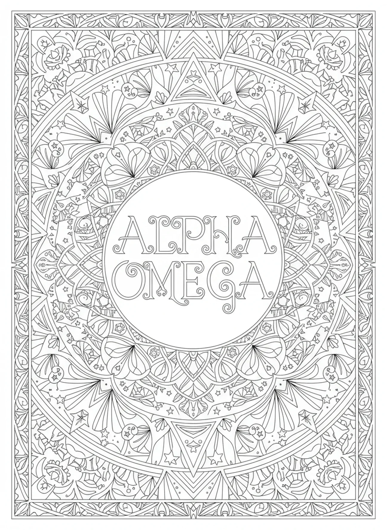Alpha und Omega Titelgestaltung, Alpha Omega Ausmalbild für Erwachsene im Bibel-Journaling-Stil.