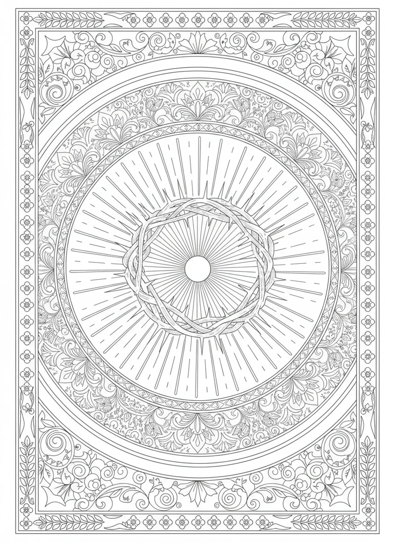 Dornenkrone mit floralen Mustern, Alpha Omega Ausmalbild für Erwachsene im Stil des Bibel-Journaling.