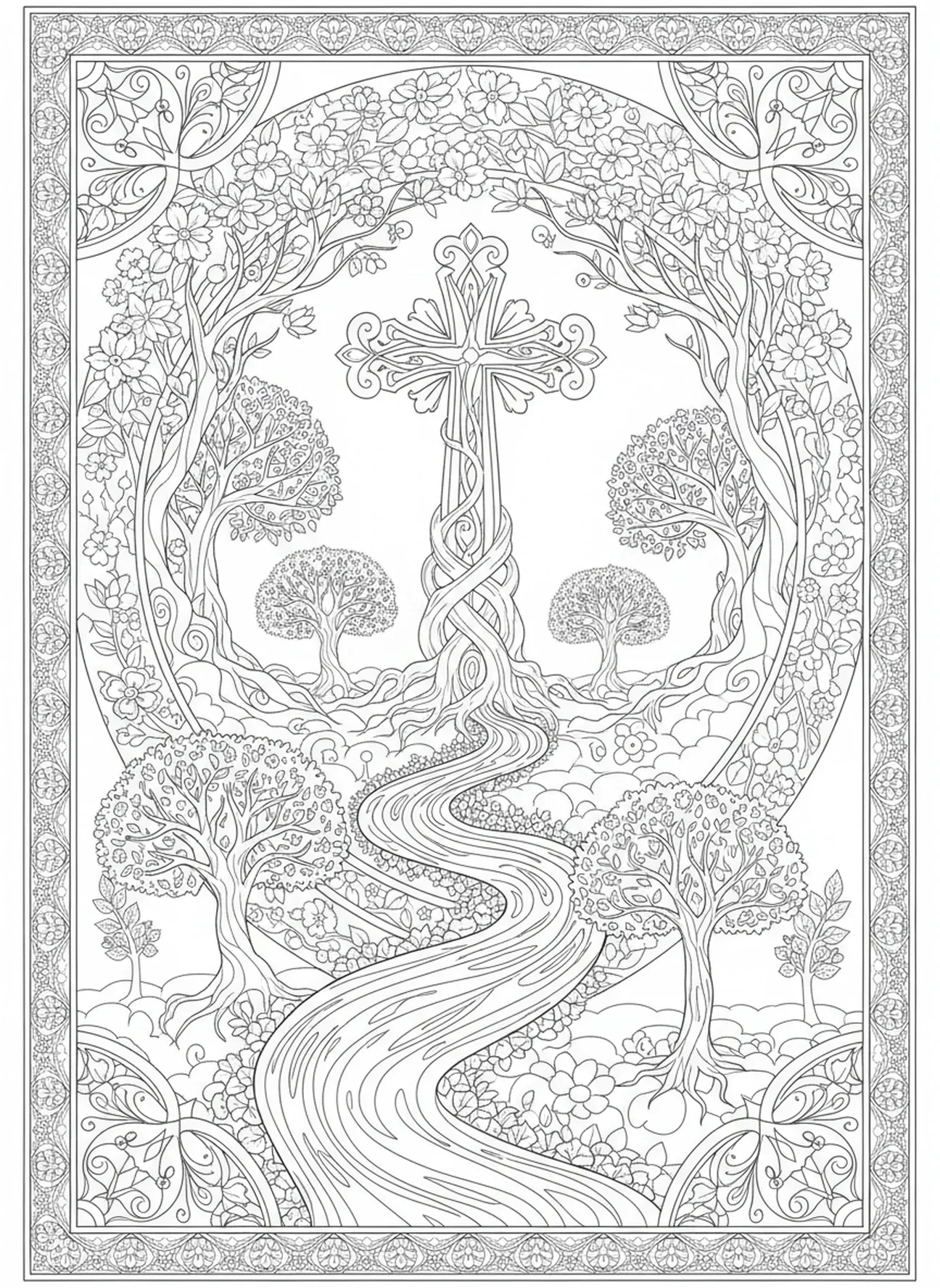 Symbole des ewigen Lebens mit Bäumen und Kreuz, Alpha Omega Ausmalbild im Stil des Bibeljournaling für Erwachsene.