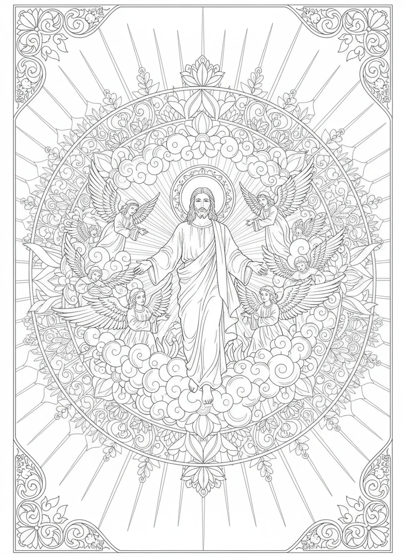 Jesus, der mit Engeln aufsteigt, Alpha Omega Ausmalbild für Erwachsene im Stil des Bibel-Journaling.