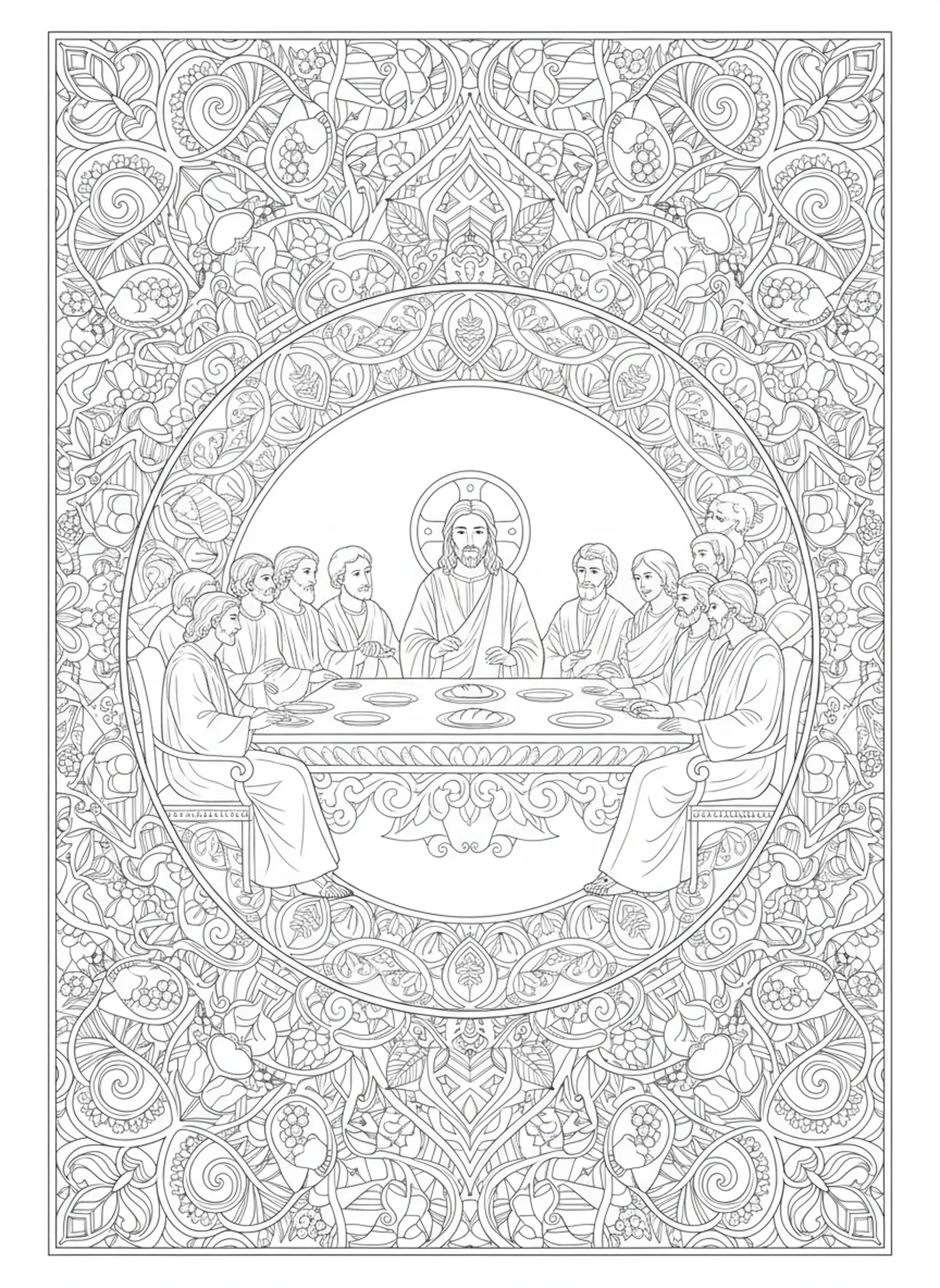 Das letzte Abendmahl mit Jesus und den Jüngern, Alpha Omega Ausmalbild für Erwachsene im Stil des Bibeljournaling.
