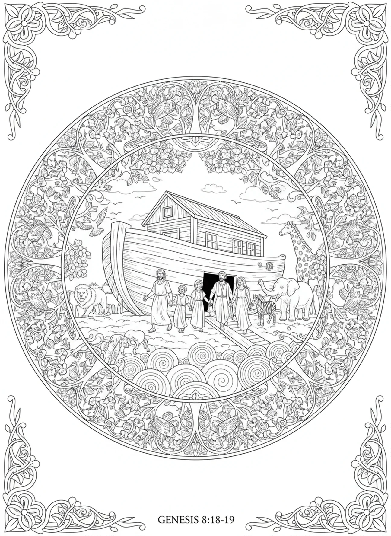 Noah und seine Familie auf trockenem Land, Anker der Hoffnung Ausmalbild für Erwachsene im Stil des Bibel-Journalings.