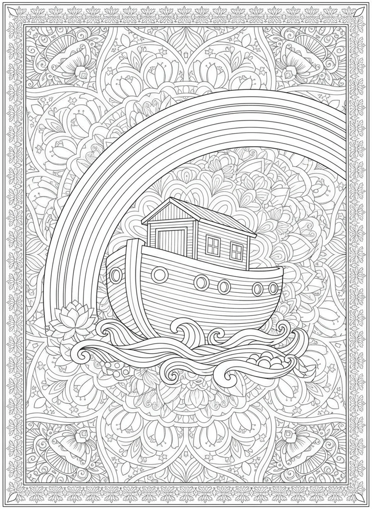 Majestätischer Regenbogen über der Arche, Anker der Hoffnung Ausmalbild für Erwachsene im Bibel-Journaling-Stil.