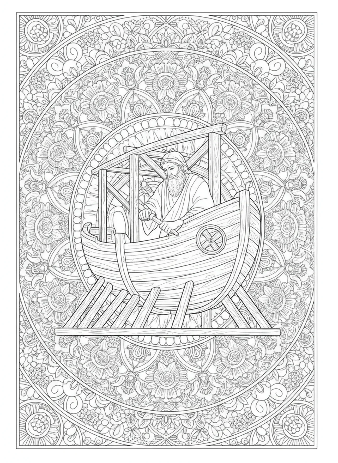 Noah baut die Arche, Ausmalbild für Erwachsene im Stil des Bibel-Journalings.