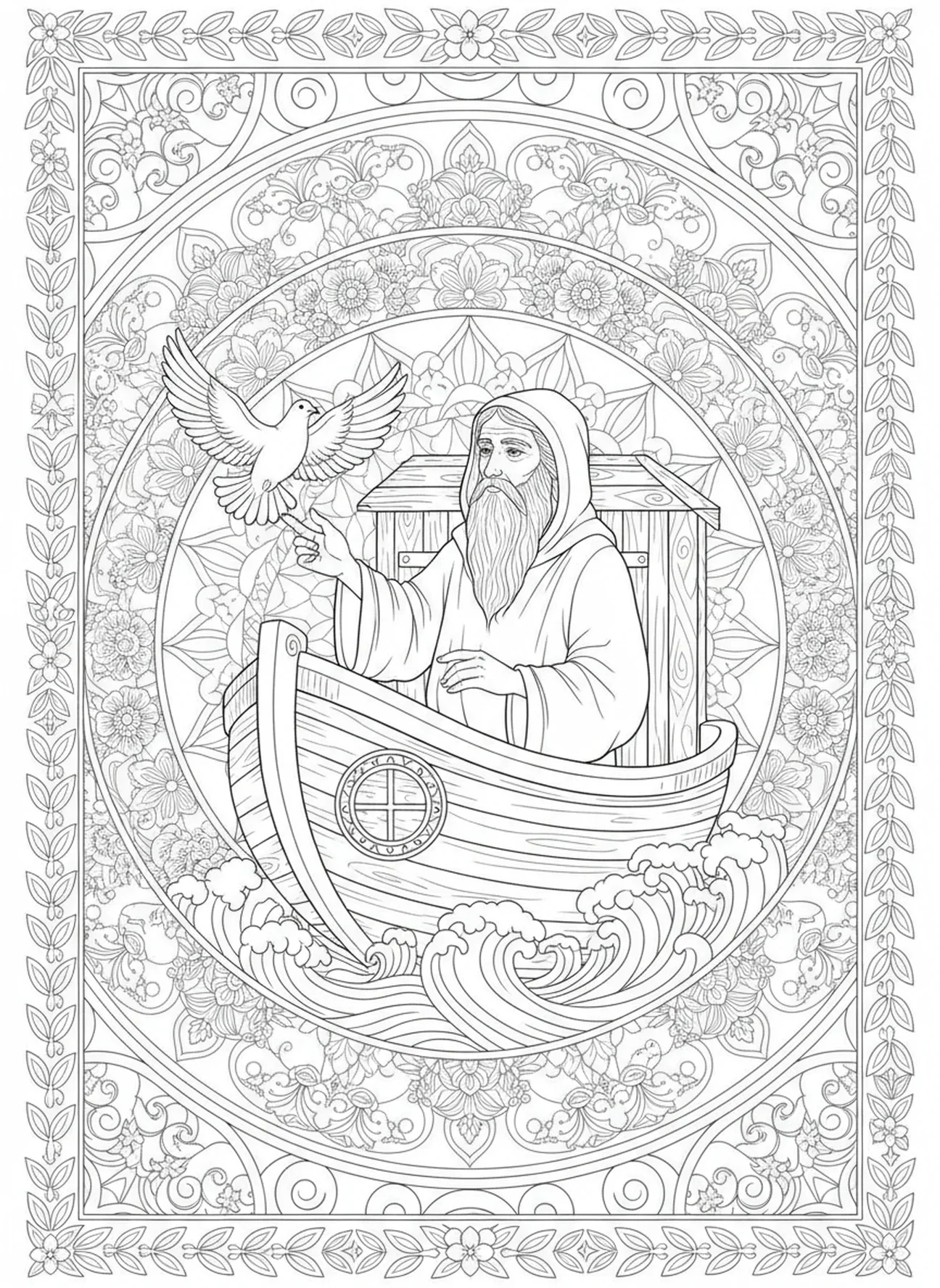 Noah, der eine Taube freilässt, Ausmalbild für Erwachsene im Stil des Bibel-Journalings.