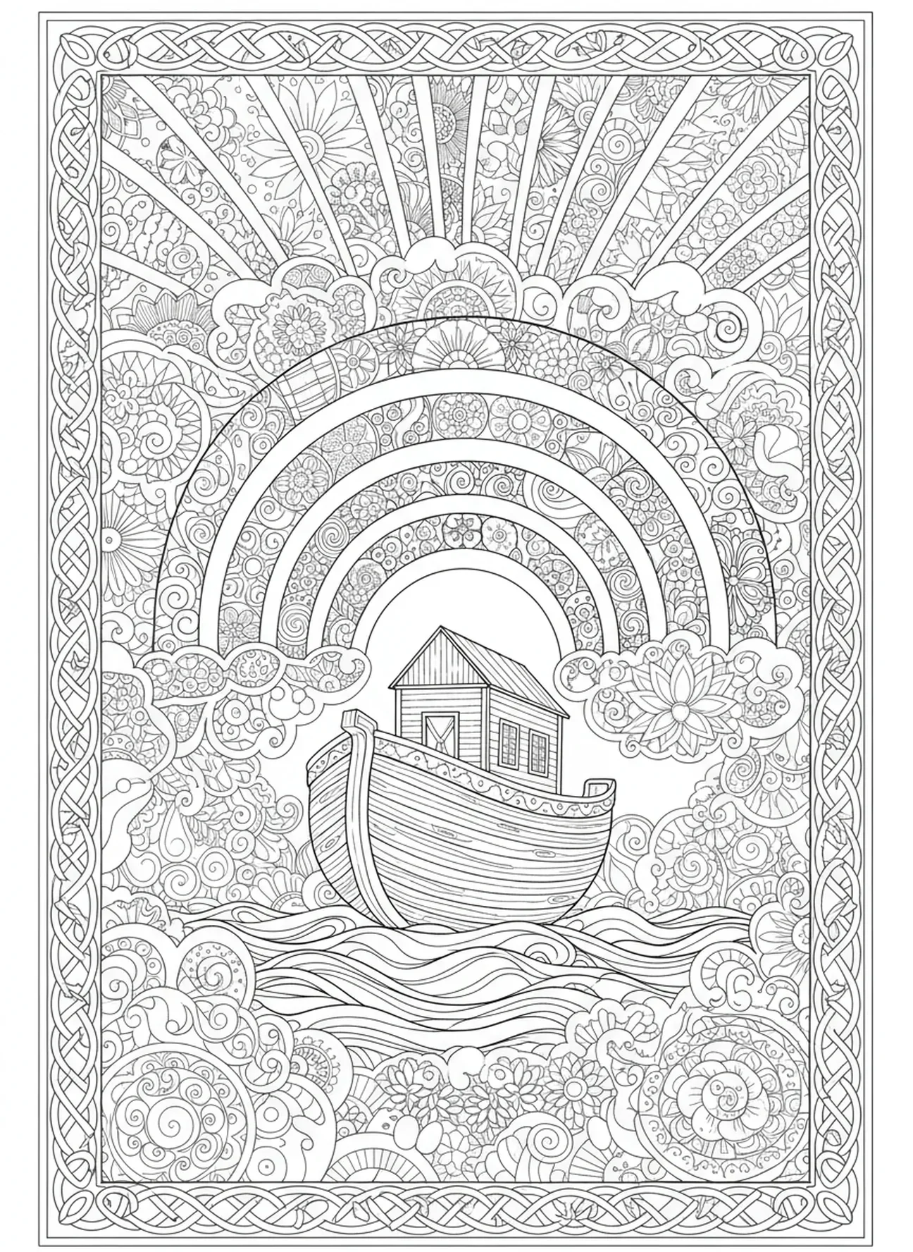Regenbogen über der Arche, Ausmalbild für Erwachsene im Stil des Bibeljournaling.