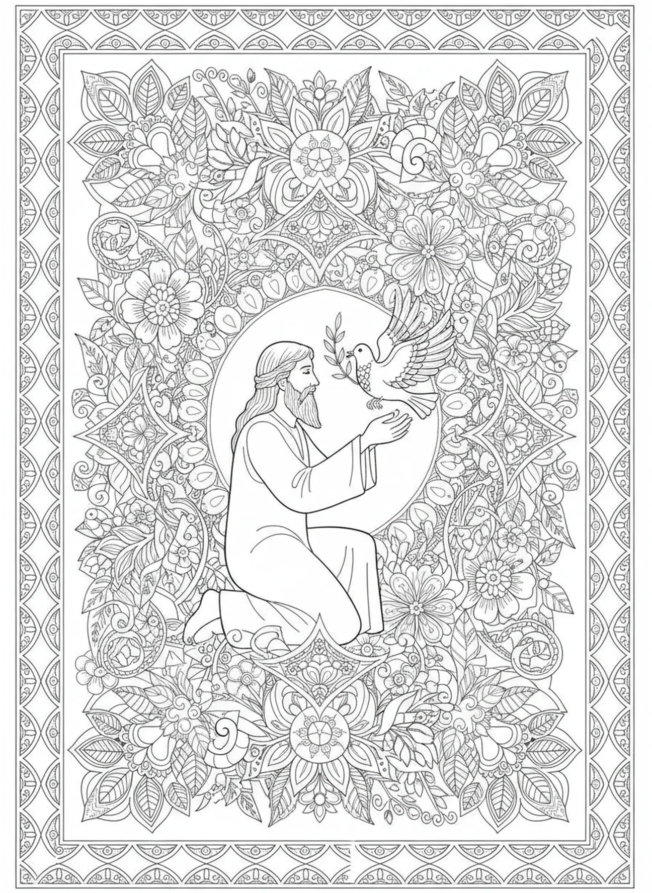 Noé recebendo uma pomba com ramo de oliveira, página de colorir Bíblia Ancla para adultos no estilo de journaling bíblico