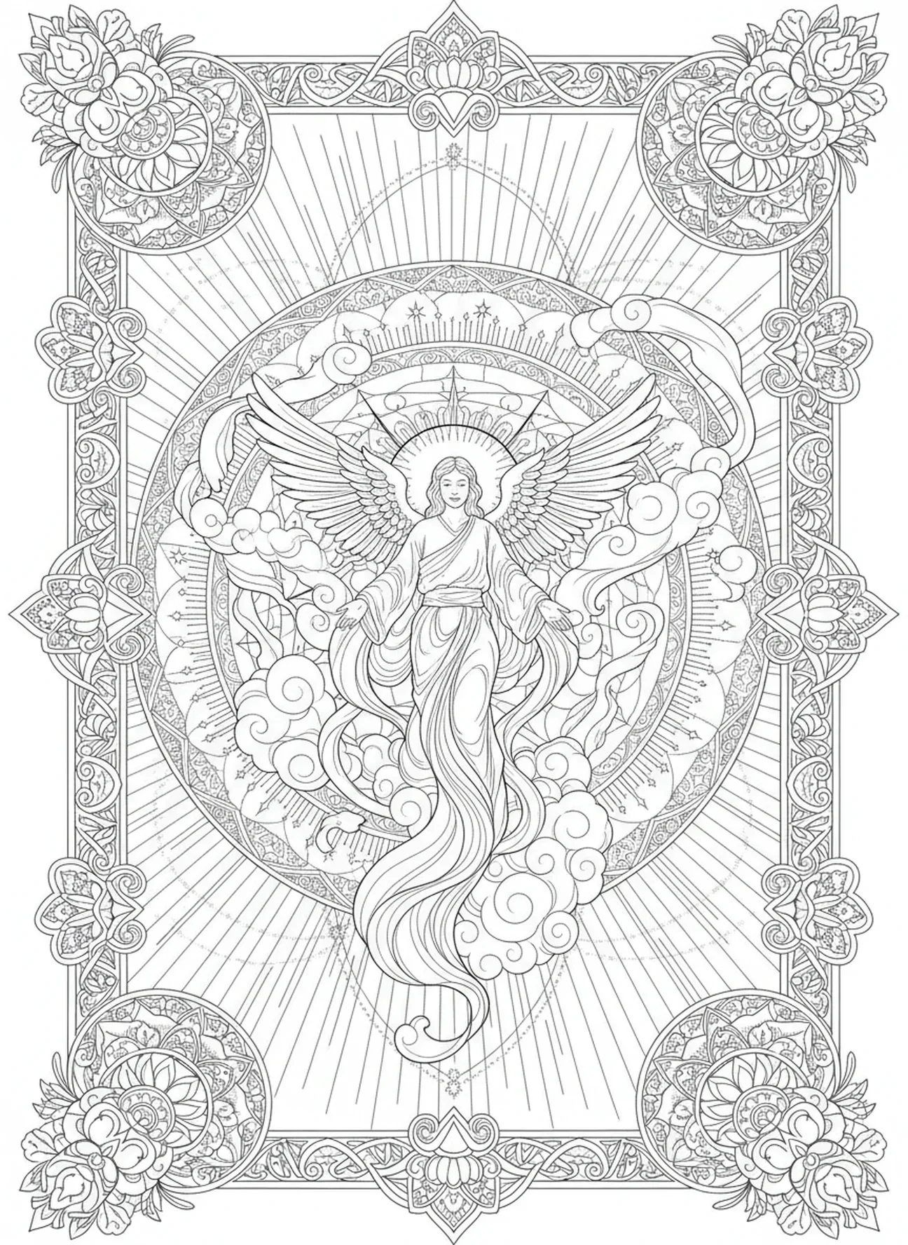 Anjo Gabriel em glória, página para colorir do Anjo Gabriel no estilo de journaling bíblico para adultos.