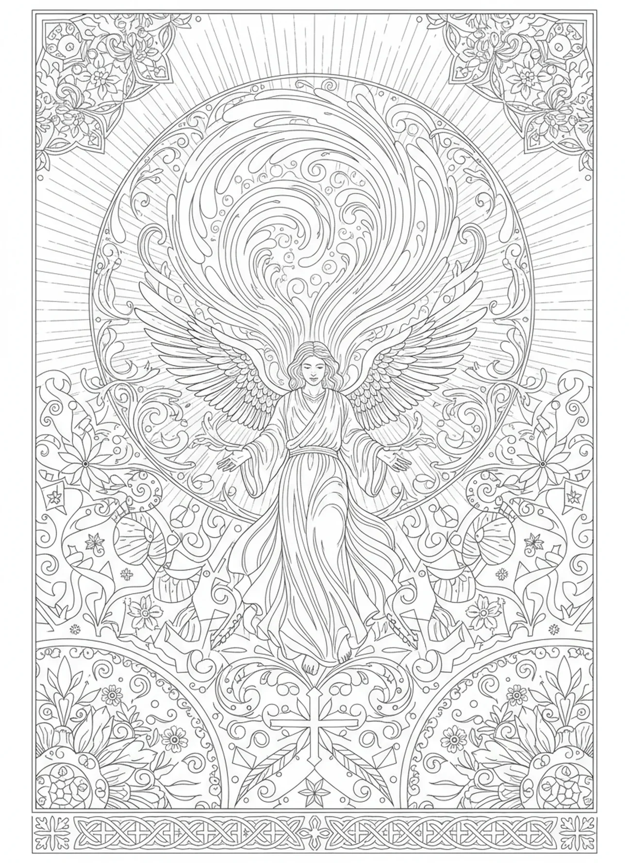 Explosão de luz divina, página de colorir do Anjo Gabriel no estilo de journaling bíblico para adultos.