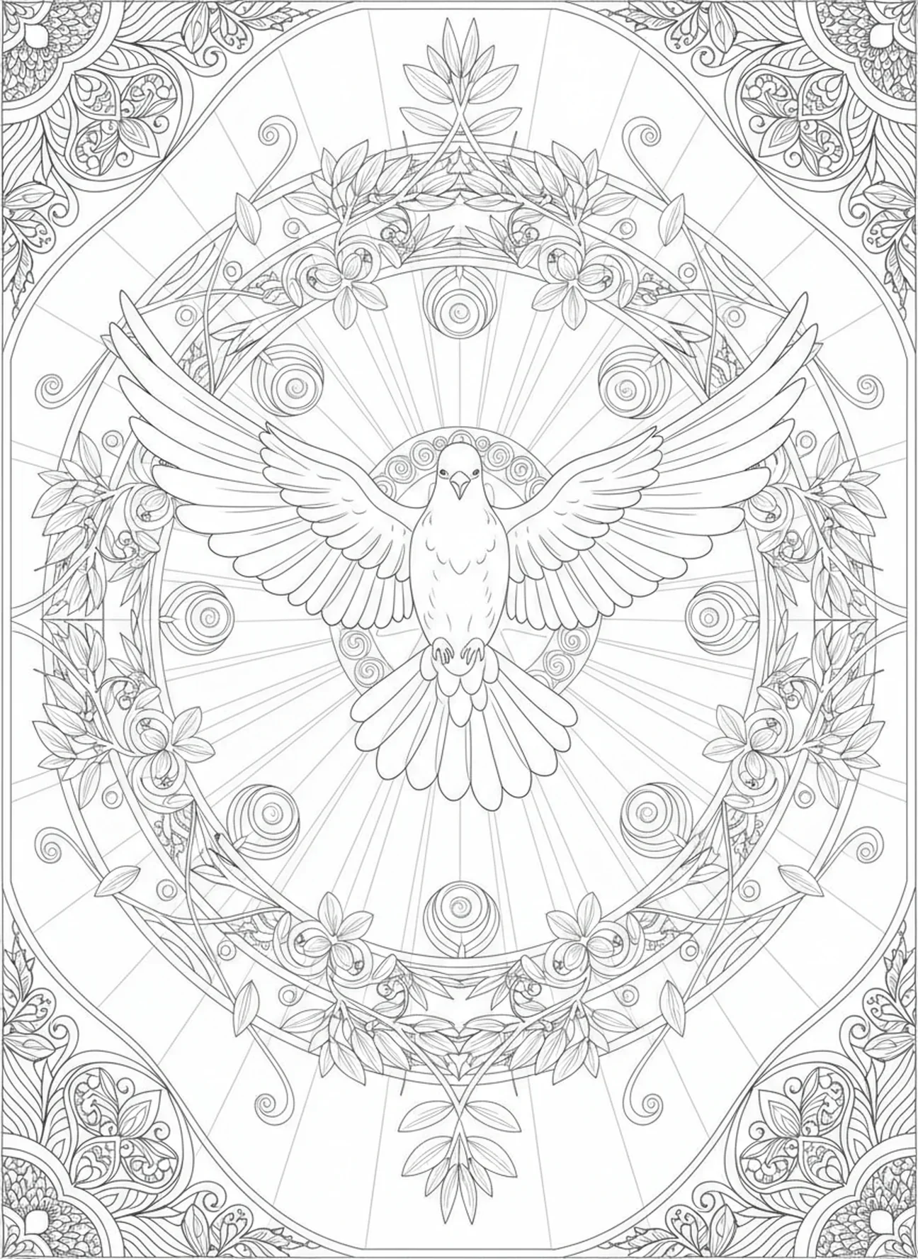 Pomba do Espírito Santo, página de colorir do Anjo Gabriel no estilo de journaling bíblico para adultos.