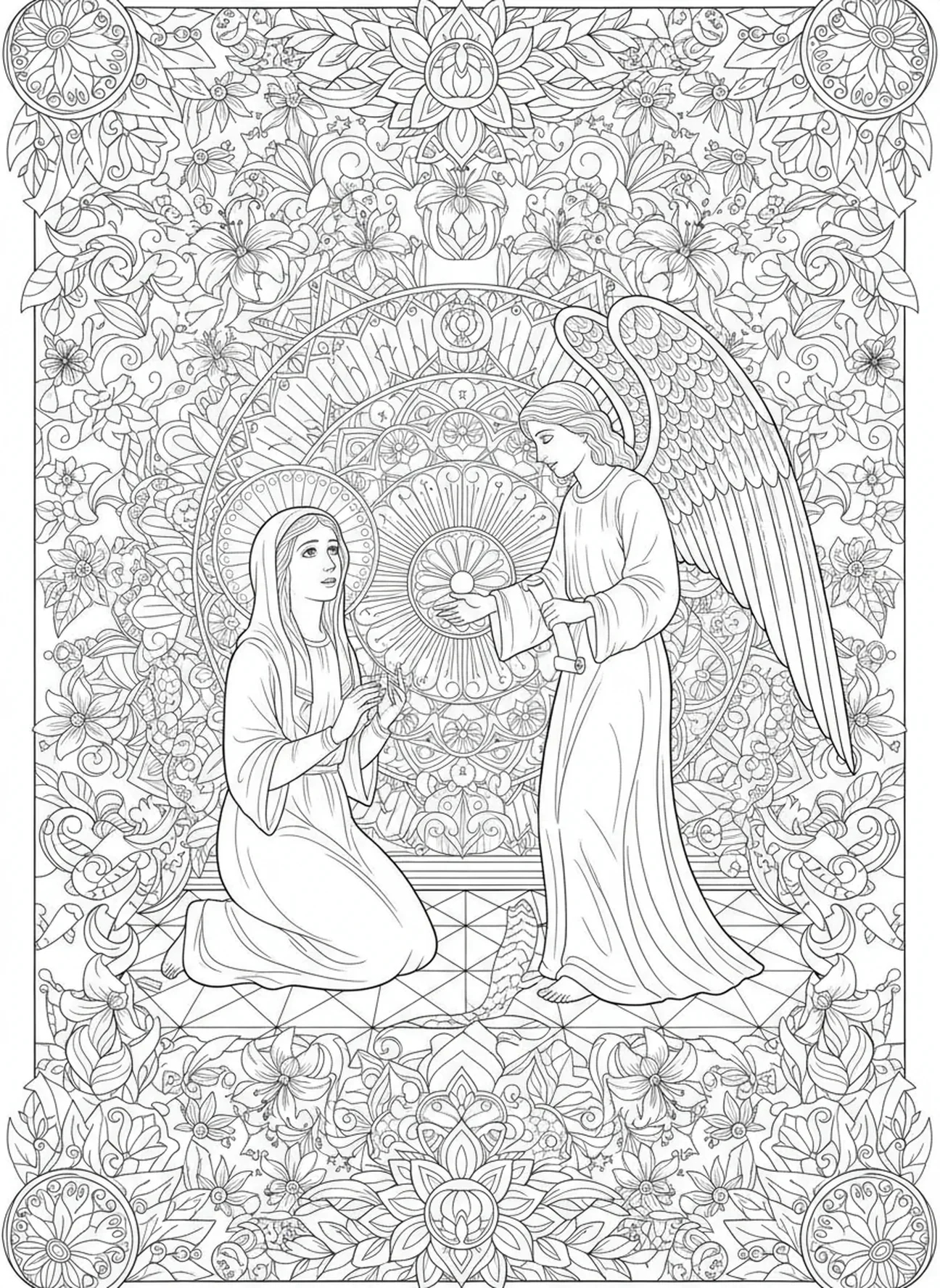 Maria recebendo a mensagem, página de colorir do Anjo Gabriel no estilo de diário bíblico para adultos.
