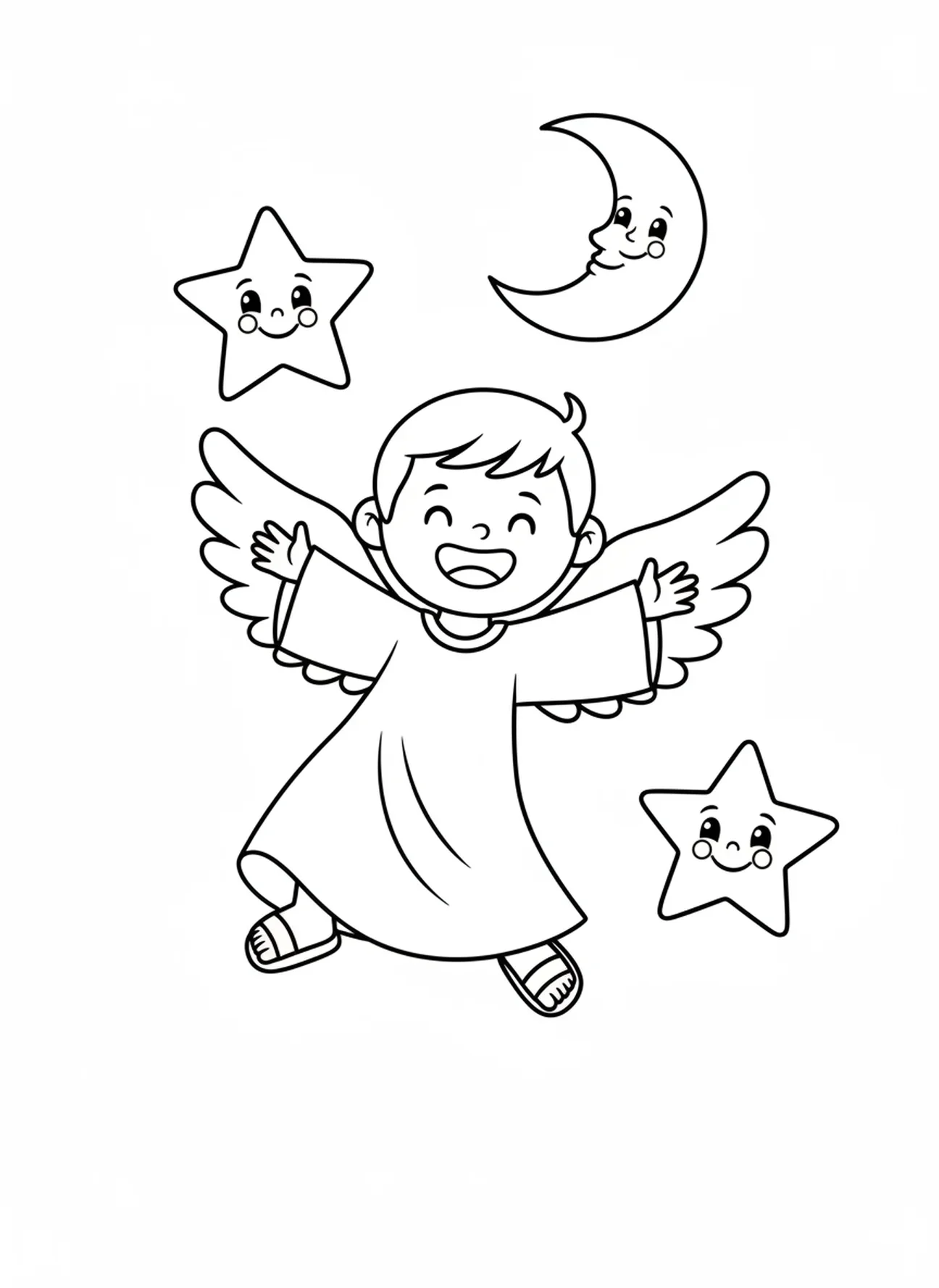L'ange Gabriel dansant avec des étoiles, page à colorier de l'ange Gabriel pour les enfants d'âge préscolaire de 3 à 5 ans.