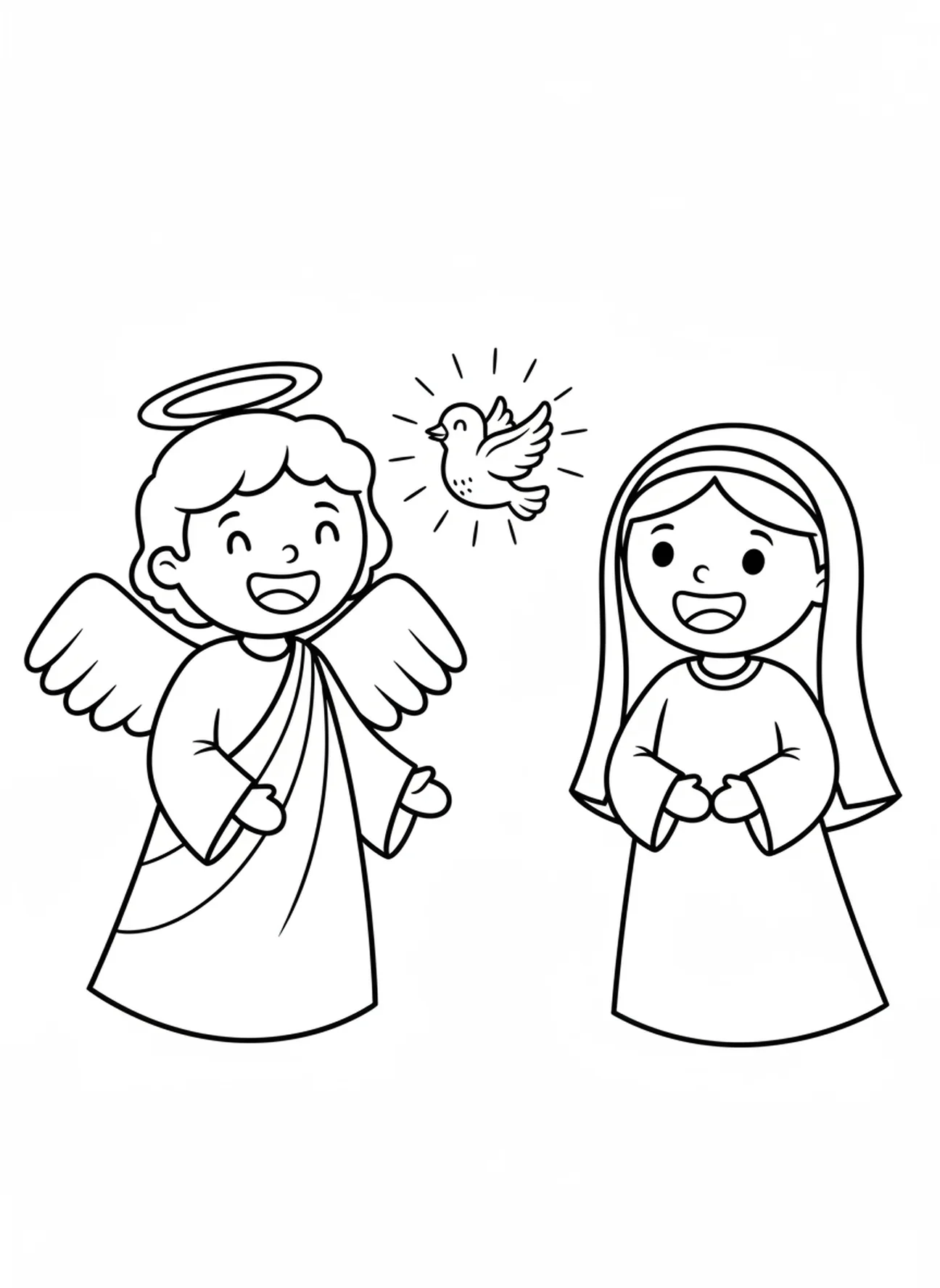 L'ange Gabriel rencontre Marie surprise, page à colorier de l'ange Gabriel pour les enfants d'âge préscolaire de 3 à 5 ans.