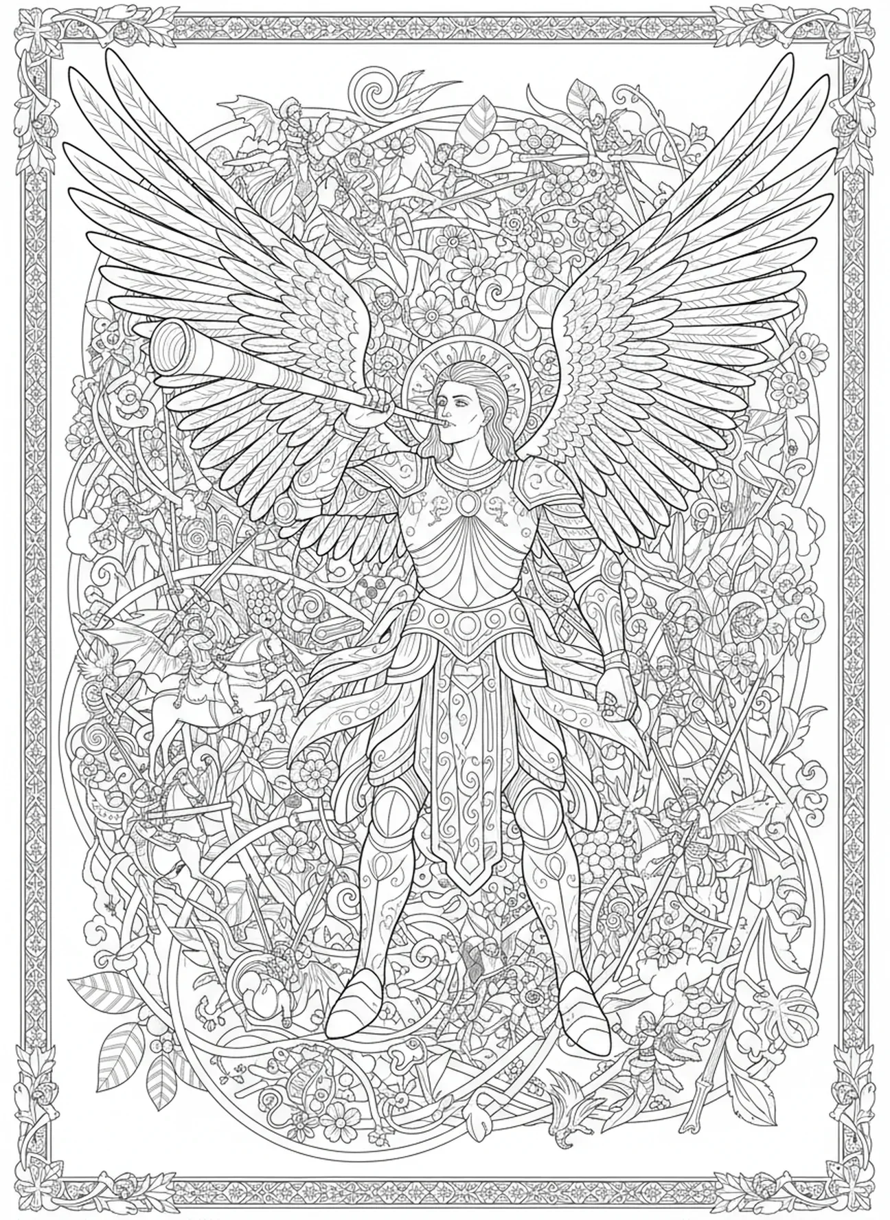 Engel Michael bläst in die Trompete, Ausmalbild Engel Michael für Erwachsene im Stil des Bibel-Journalings.