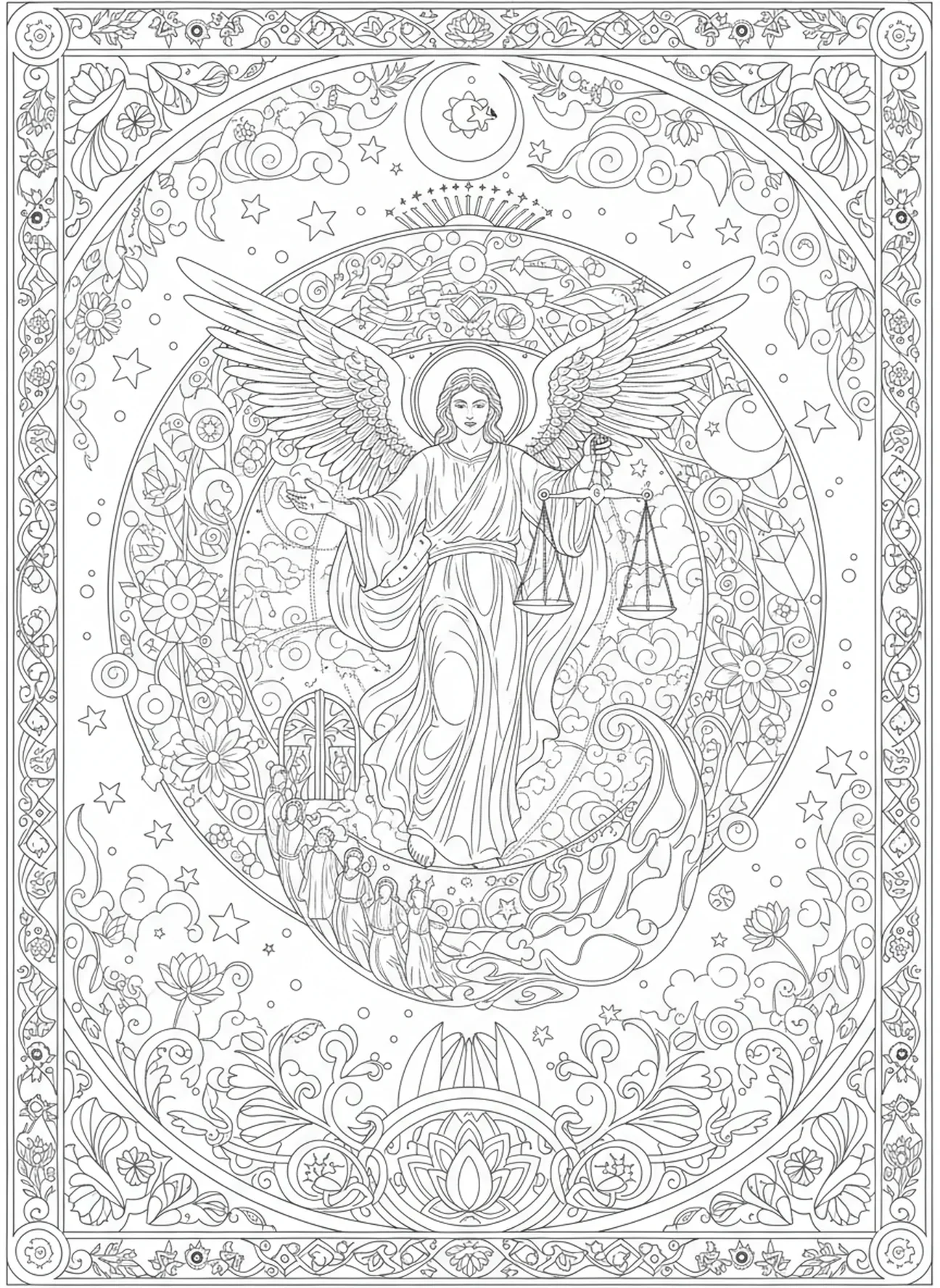 Engel Michael, der über das Gericht wacht, Ausmalbild Engel Michael für Erwachsene im Bibel-Journaling-Stil.