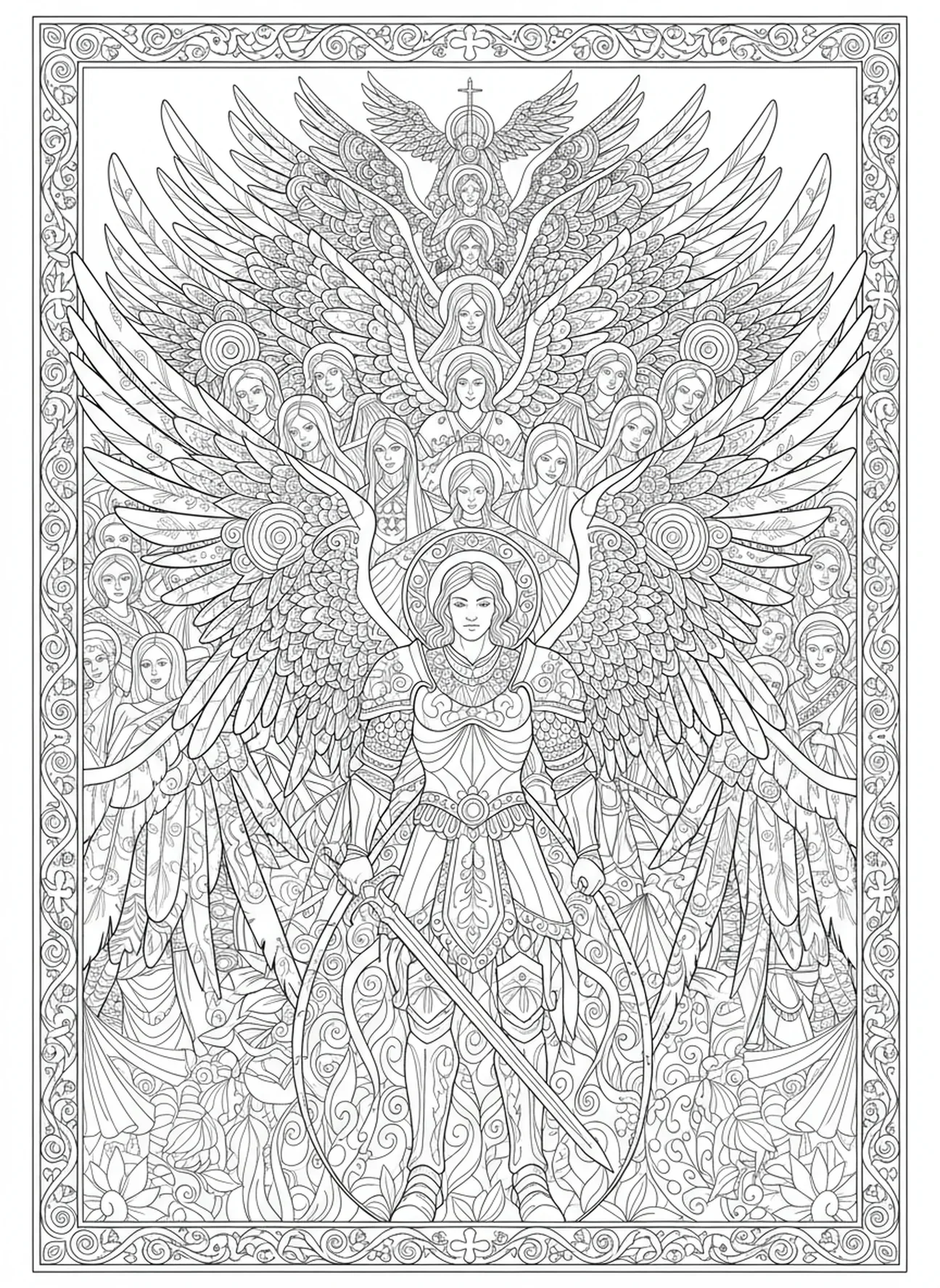Eine Vielzahl von Engeln umgeben Michael, Ausmalbild von Engel Michael im Stil des Bibel-Journalings für Erwachsene.