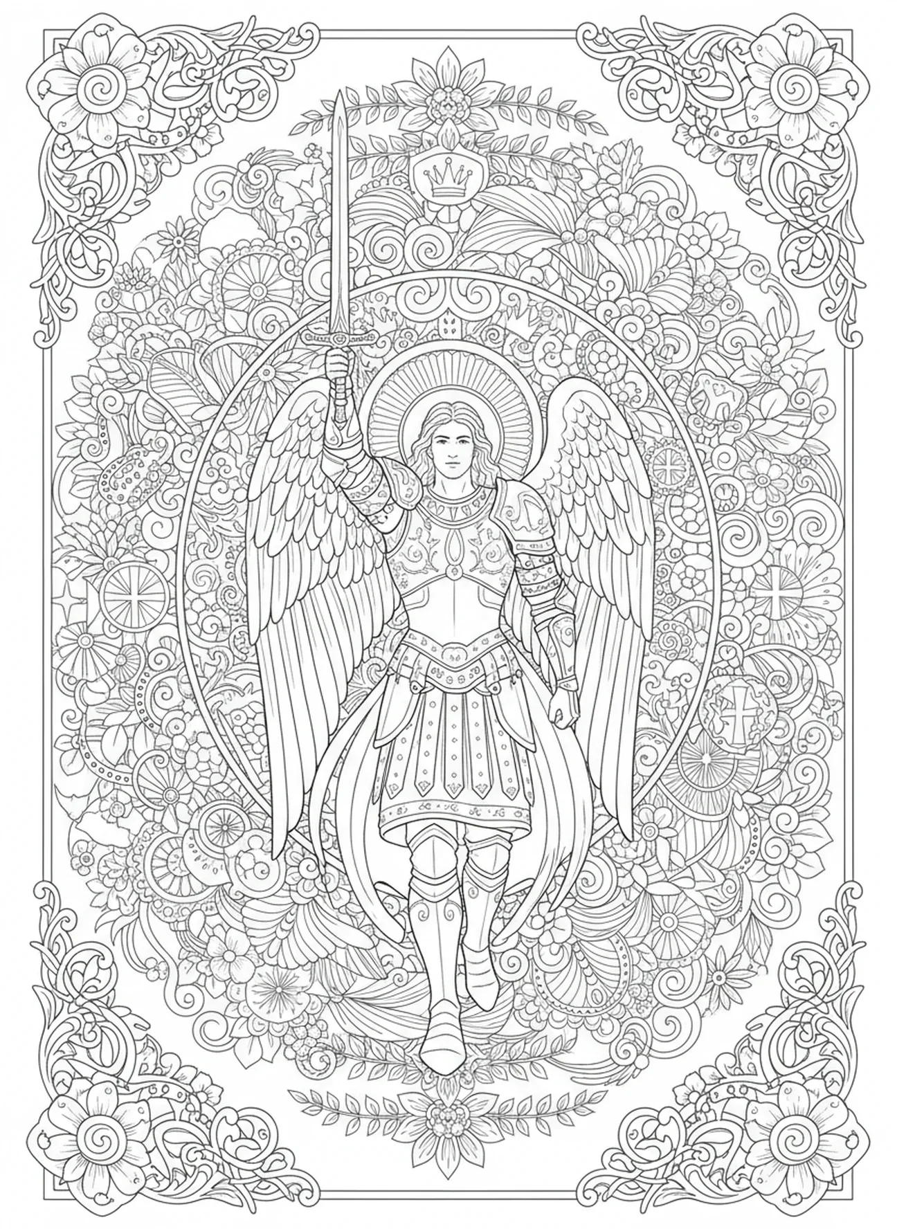 Der siegreiche Engel Michael, Ausmalbild für Erwachsene im Stil des Bibel-Journaling.