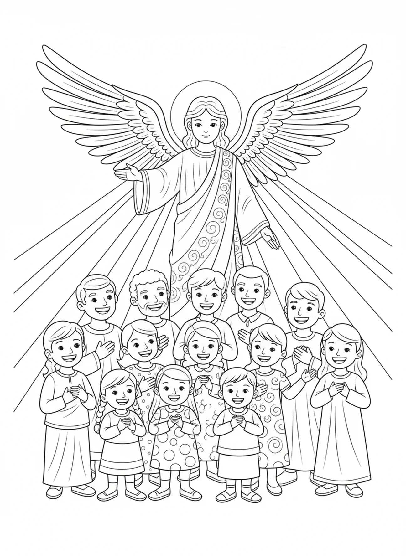 Engel Michael zegenend mensen, Engel Michael kleurplaat voor kinderen van 5-10 jaar.