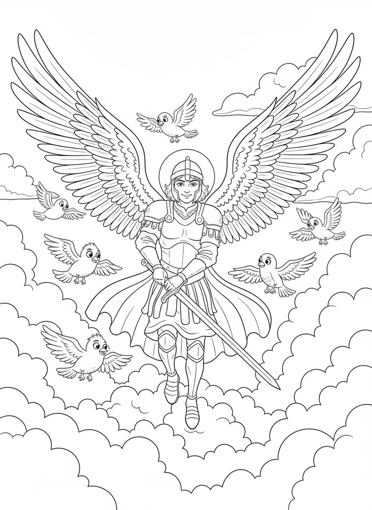 Engel Michael die door de lucht vliegt, kleurplaat van Engel Michael voor kinderen van 5-10 jaar.