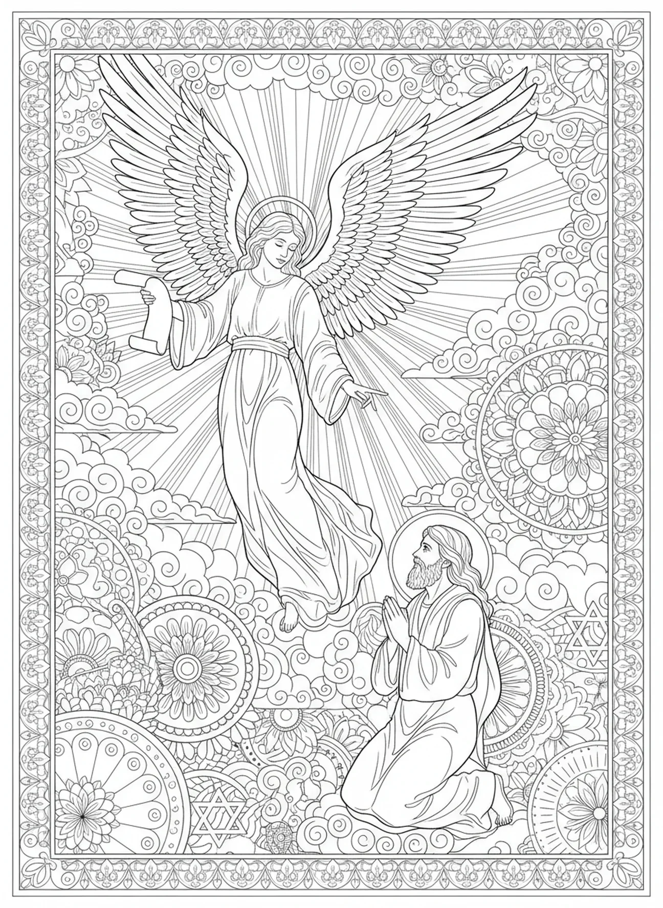 Ángel majestuoso con alas, página para colorear Alas de Ángel estilo journaling bíblico para adultos.