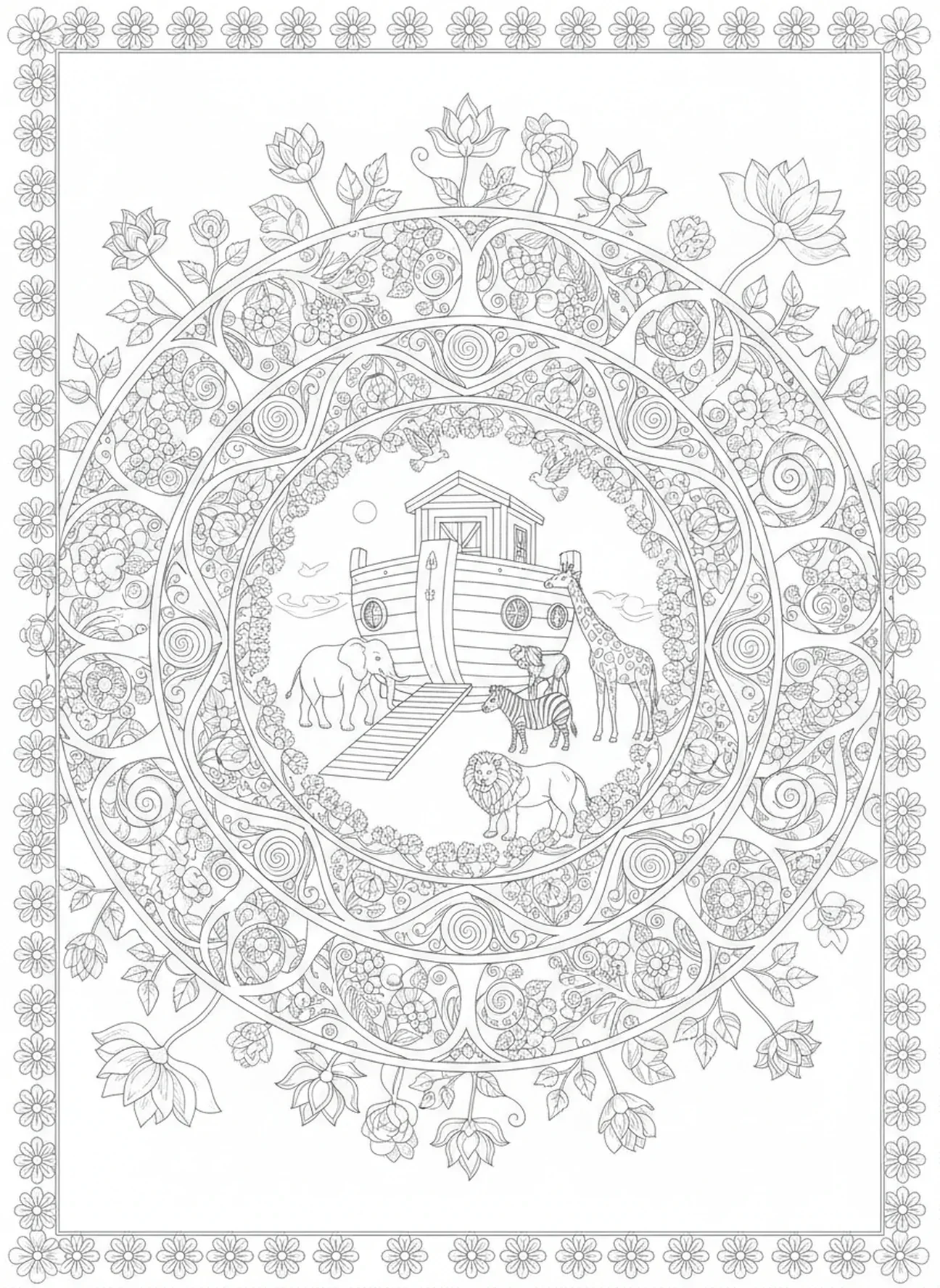 Pares de animales entrando en el arca, página para colorear de Alas de Ángel estilo journaling bíblico para adultos.