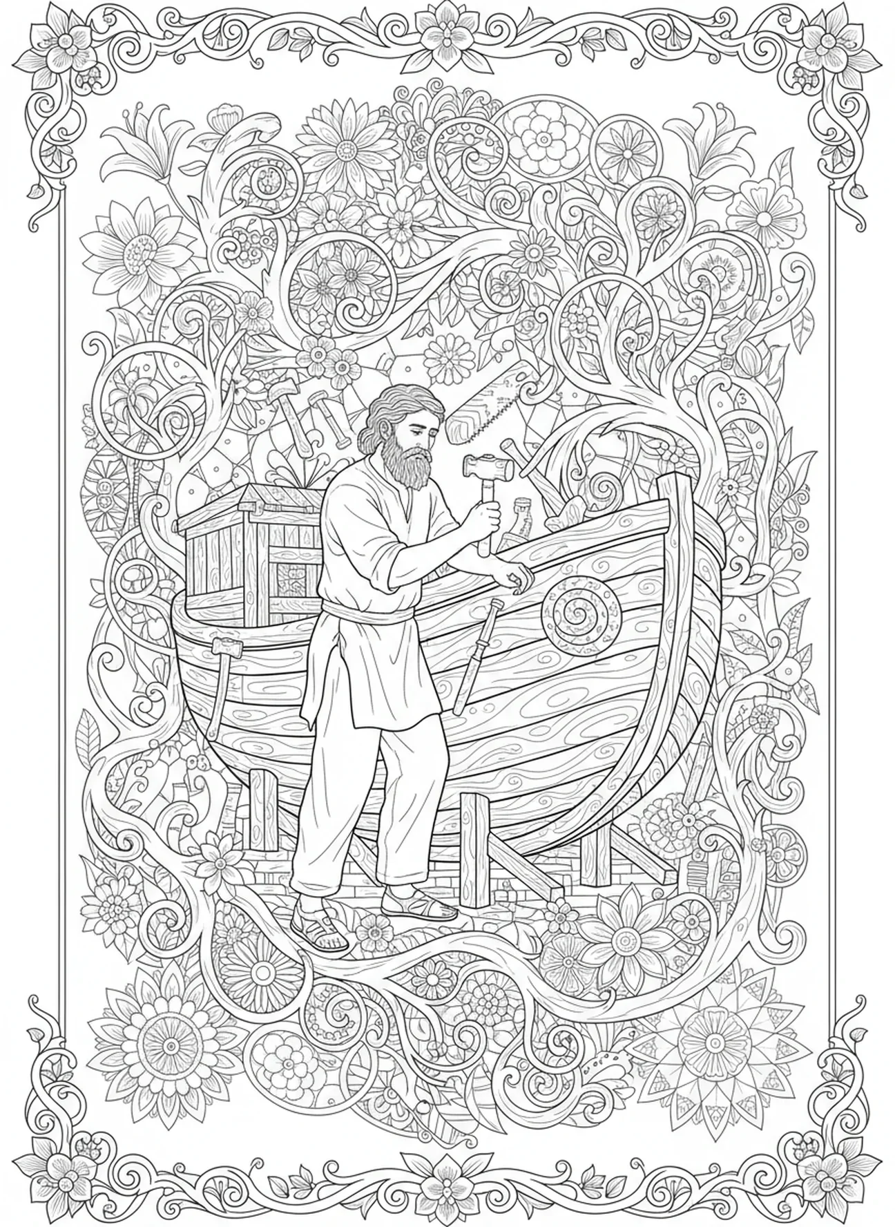Noé construyendo el arca, página para colorear de alas de ángel estilo Biblia para adultos.