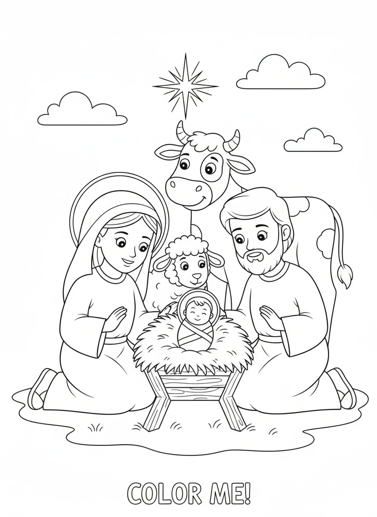 Maria und Josef schauen liebevoll auf das Baby Jesus in der Krippe, Ausmalbild mit Engelshörnern für Kinder im Alter von 5-10 Jahren.