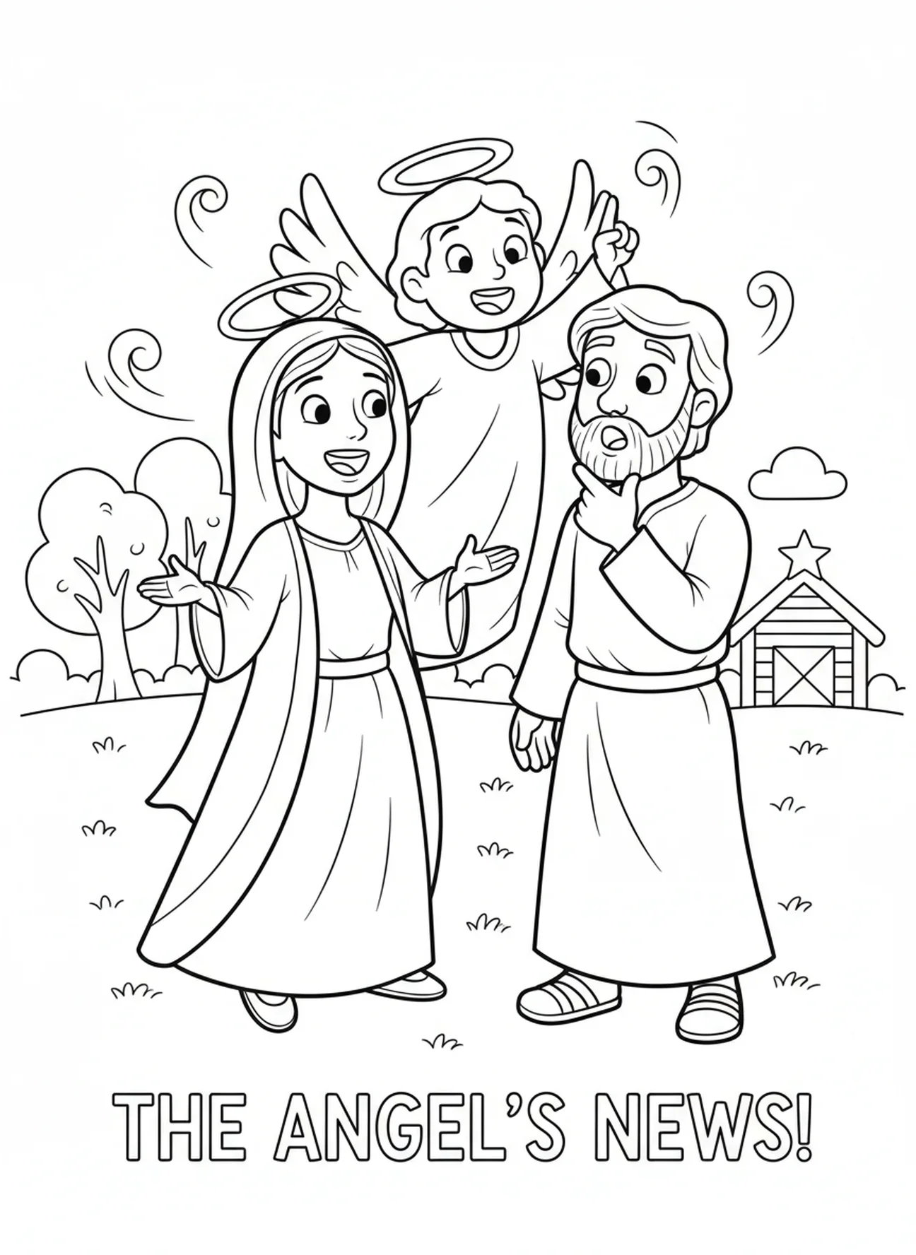 Maria erzählt begeistert Joseph die Neuigkeiten, Ausmalbild mit Engelshörnern für Kinder im Alter von 5-10 Jahren.