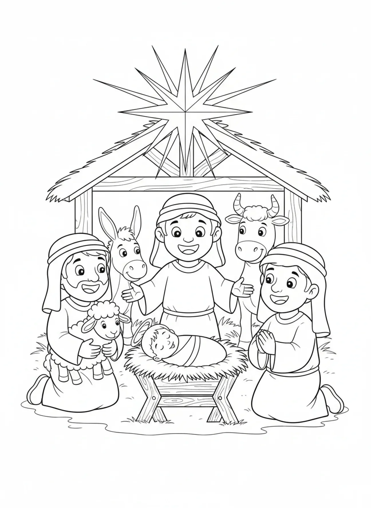 Fröhliche Hirten besuchen das Baby Jesus, Ausmalbild mit Engelshörnern für Kinder im Alter von 5-10 Jahren.