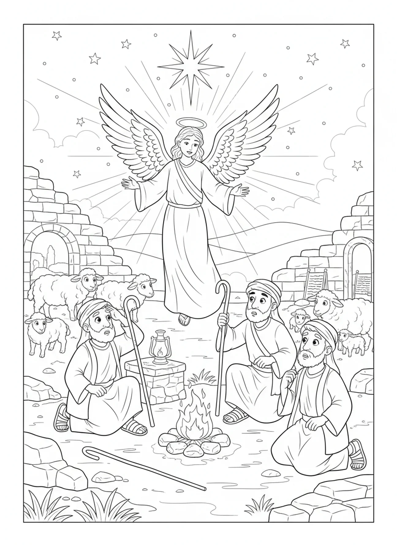 Un ange apparaissant aux bergers, page à colorier d'ailes d'ange pour les enfants de l'École du dimanche âgés de 5 à 12 ans.