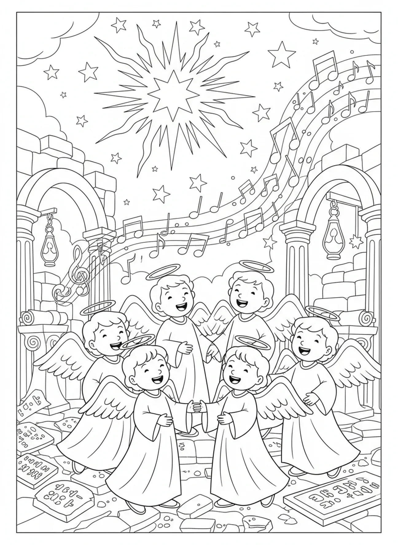 Anges chantant dans le ciel, page à colorier des ailes d'ange pour les enfants de l'École du dimanche âgés de 5 à 12 ans.