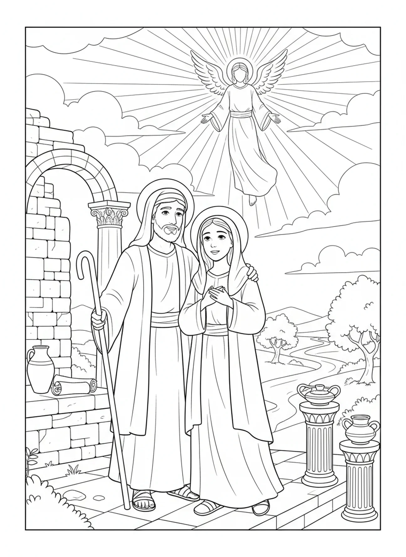 Joseph encourage Marie, page à colorier des ailes d'ange pour les enfants de l'École du dimanche âgés de 5 à 12 ans.