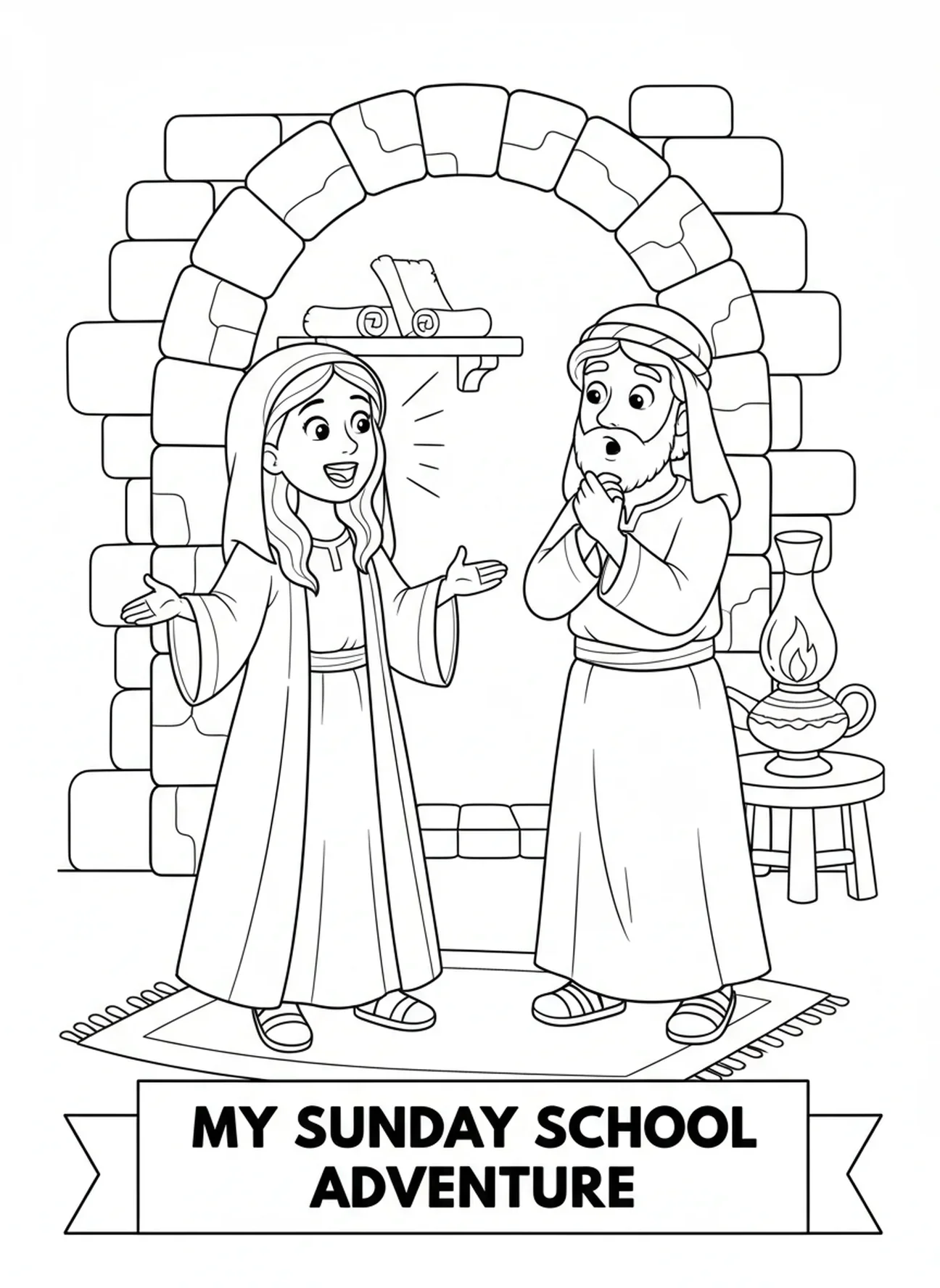 Marie partageant son histoire, page à colorier des ailes d'ange pour les enfants de l'École du dimanche âgés de 5 à 12 ans.