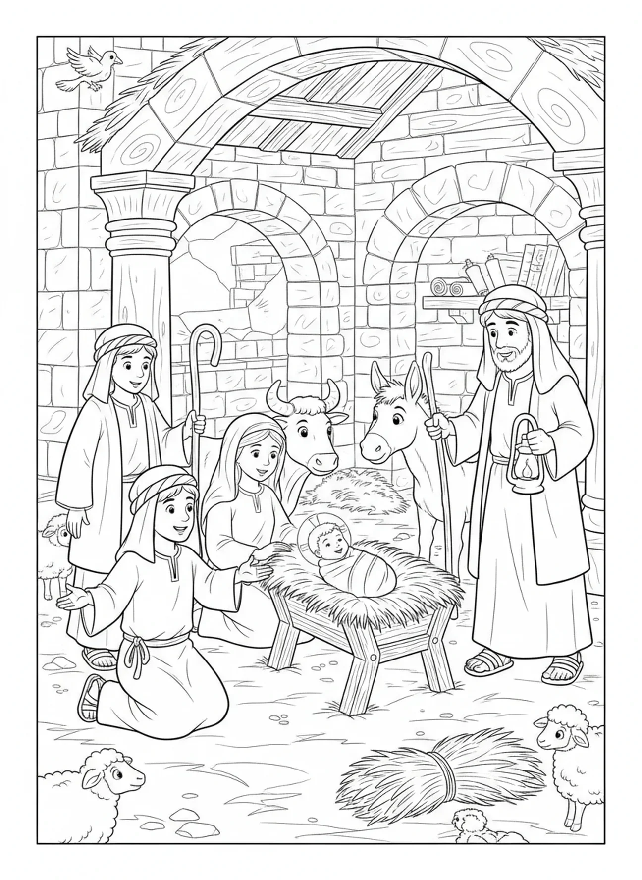 Bergers rendant visite au bébé Jésus, page à colorier des ailes d'ange pour les enfants de l'École du dimanche âgés de 5 à 12 ans.