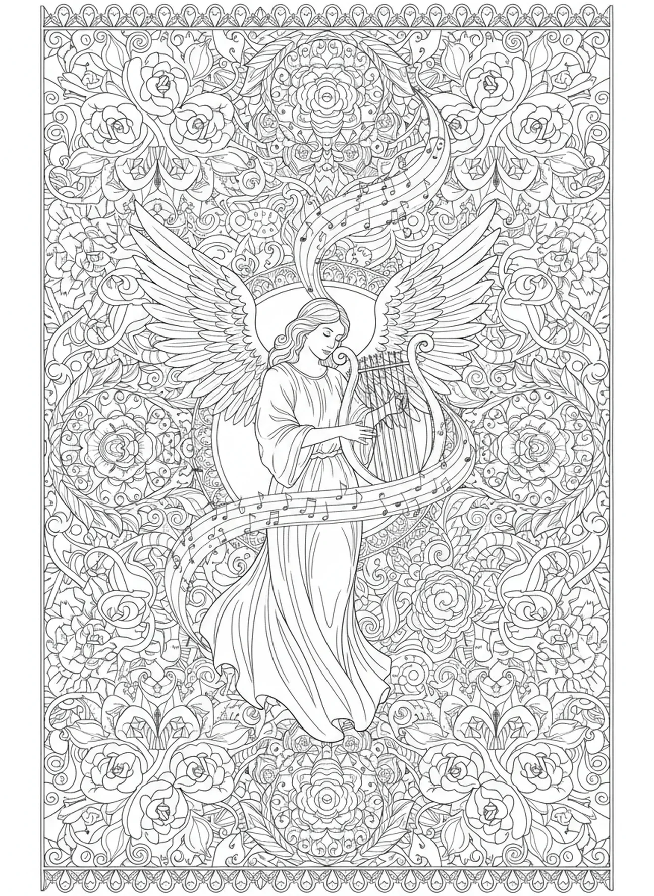 Ángel musical, página para colorear Ángel con arpa estilo journaling bíblico para adultos