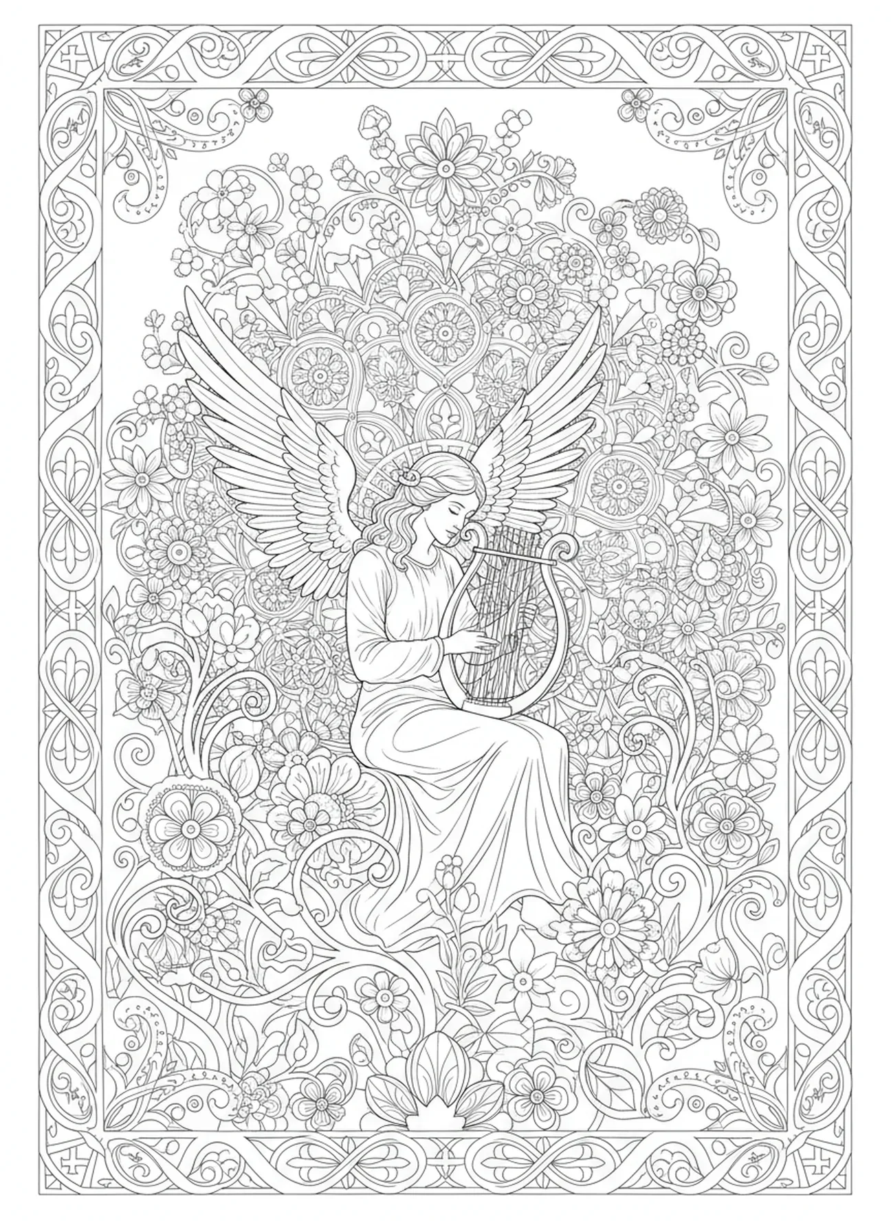 Ángel celestial en el jardín, página para colorear de Ángel con arpa estilo de journaling bíblico para adultos