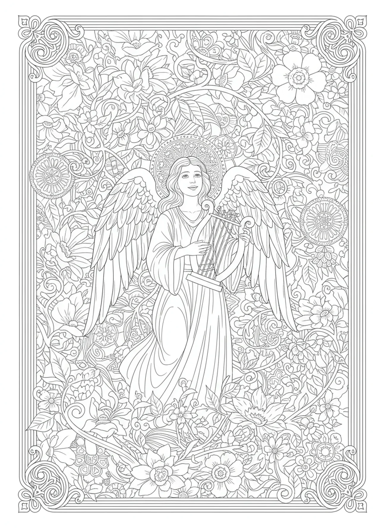 Ángel alegre, página para colorear Ángel con arpa estilo journaling bíblico para adultos