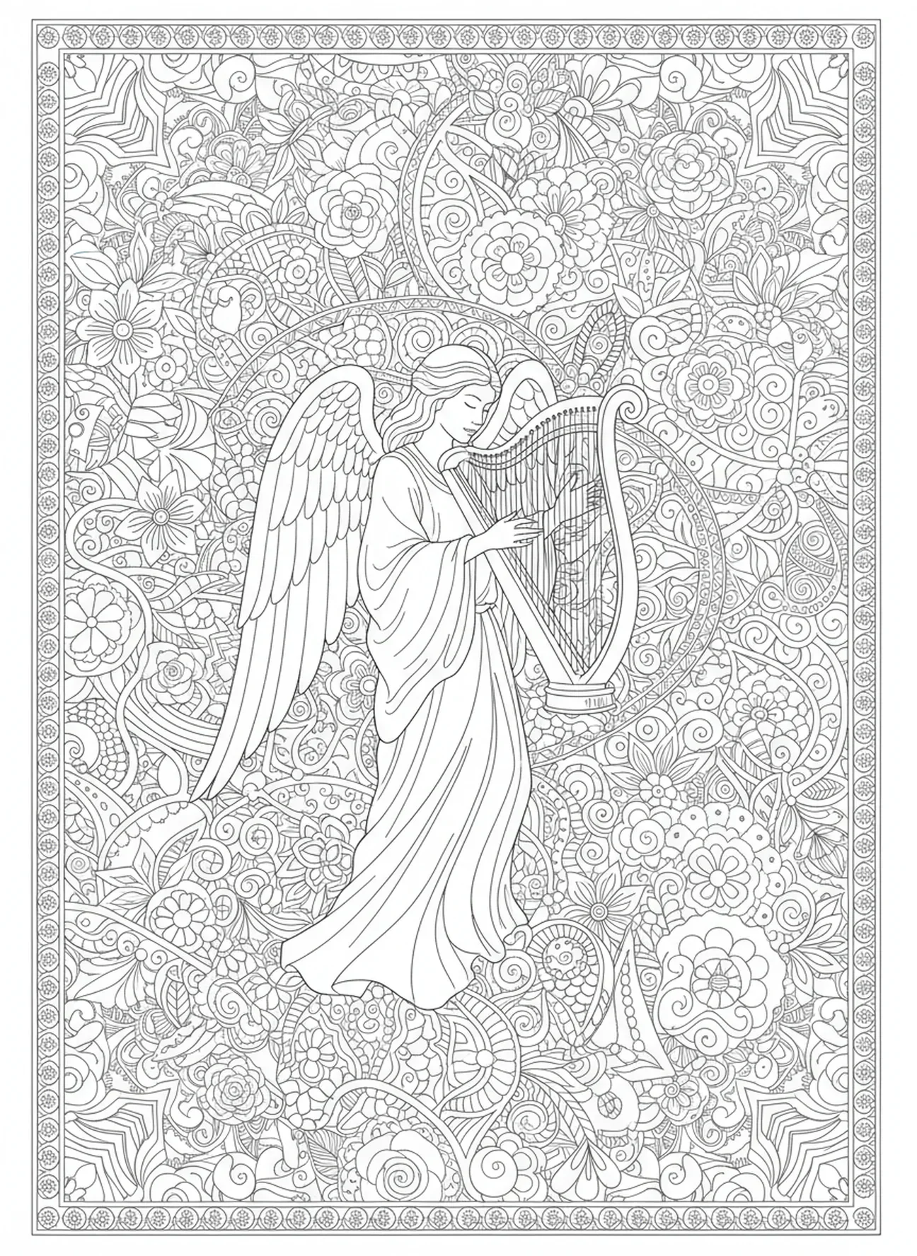 Ángel elegante, página para colorear Ángel con Arpa estilo journaling bíblico para adultos