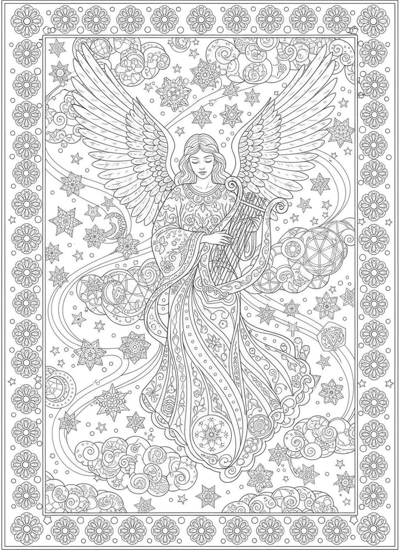 Ángel majestuoso, página para colorear Ángel con Arpa estilo journaling bíblico para adultos