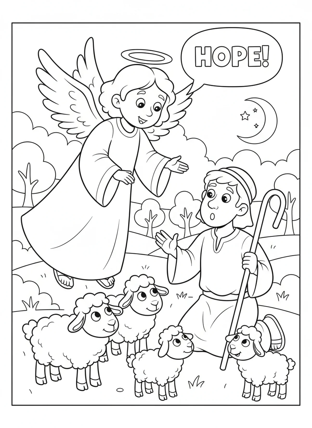 Un ange parlant au berger, page à colorier Ange avec Épée pour enfants de 5 à 10 ans