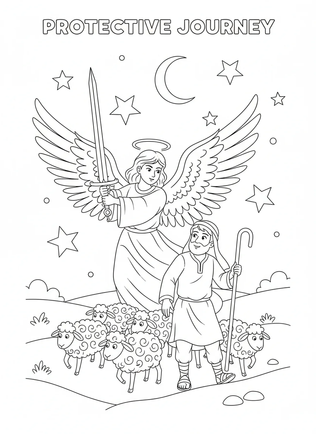 Ange protégeant le berger, page à colorier Ange avec épée pour enfants de 5 à 10 ans