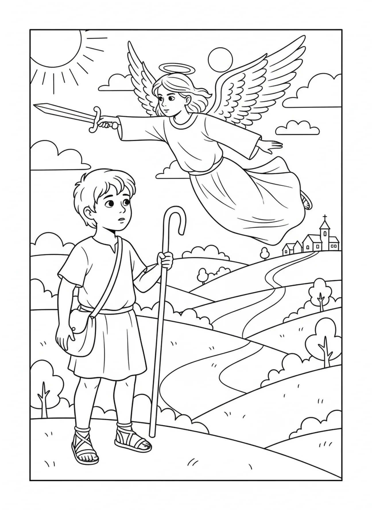 Berger commençant son voyage, page à colorier Ange avec Épée pour enfants de 5 à 10 ans