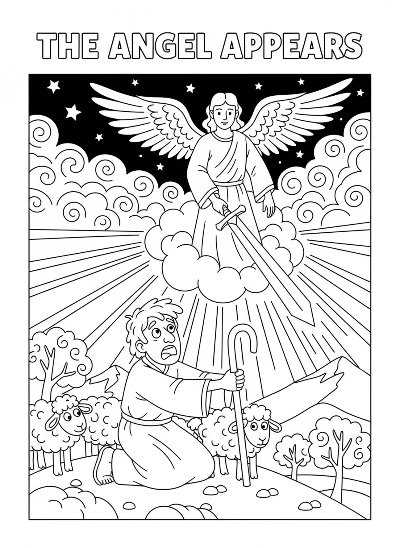 Pasteur laissant tomber son bâton, page à colorier Ange avec Épée pour enfants de 5 à 10 ans
