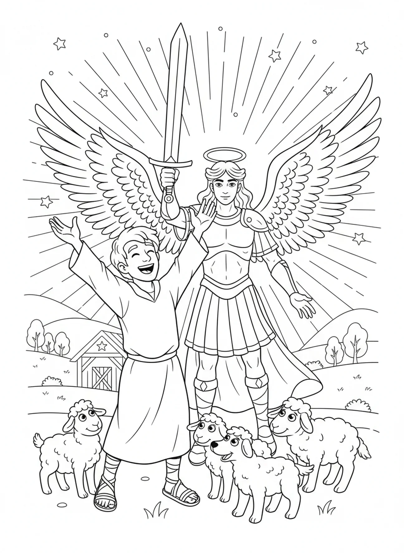 Berger joyeux levant les bras, page à colorier Ange avec Épée pour enfants de 5 à 10 ans