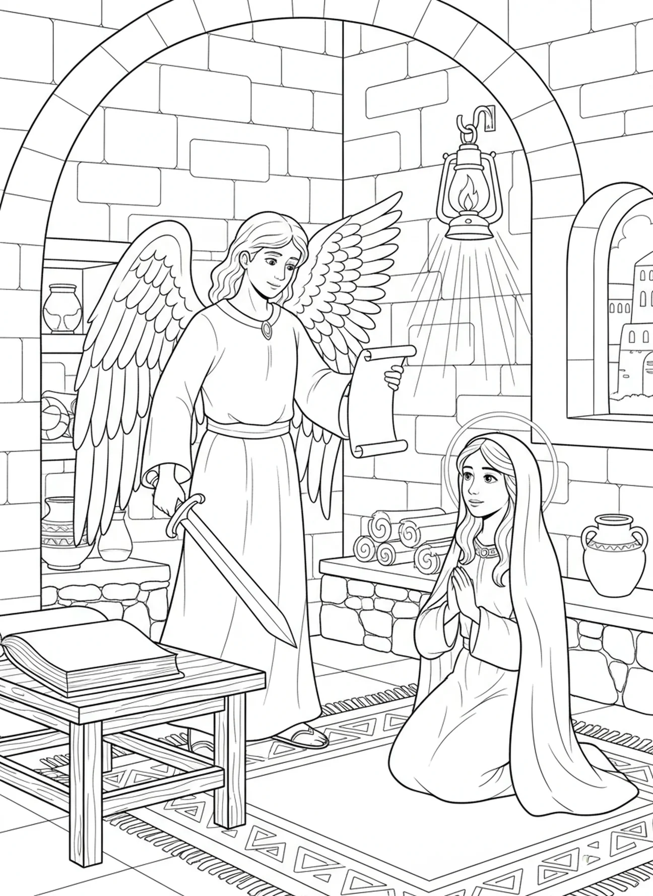Anjo entregando mensagem, página de colorir Anjo Com Espada para crianças da Escola Dominical de 5 a 12 anos